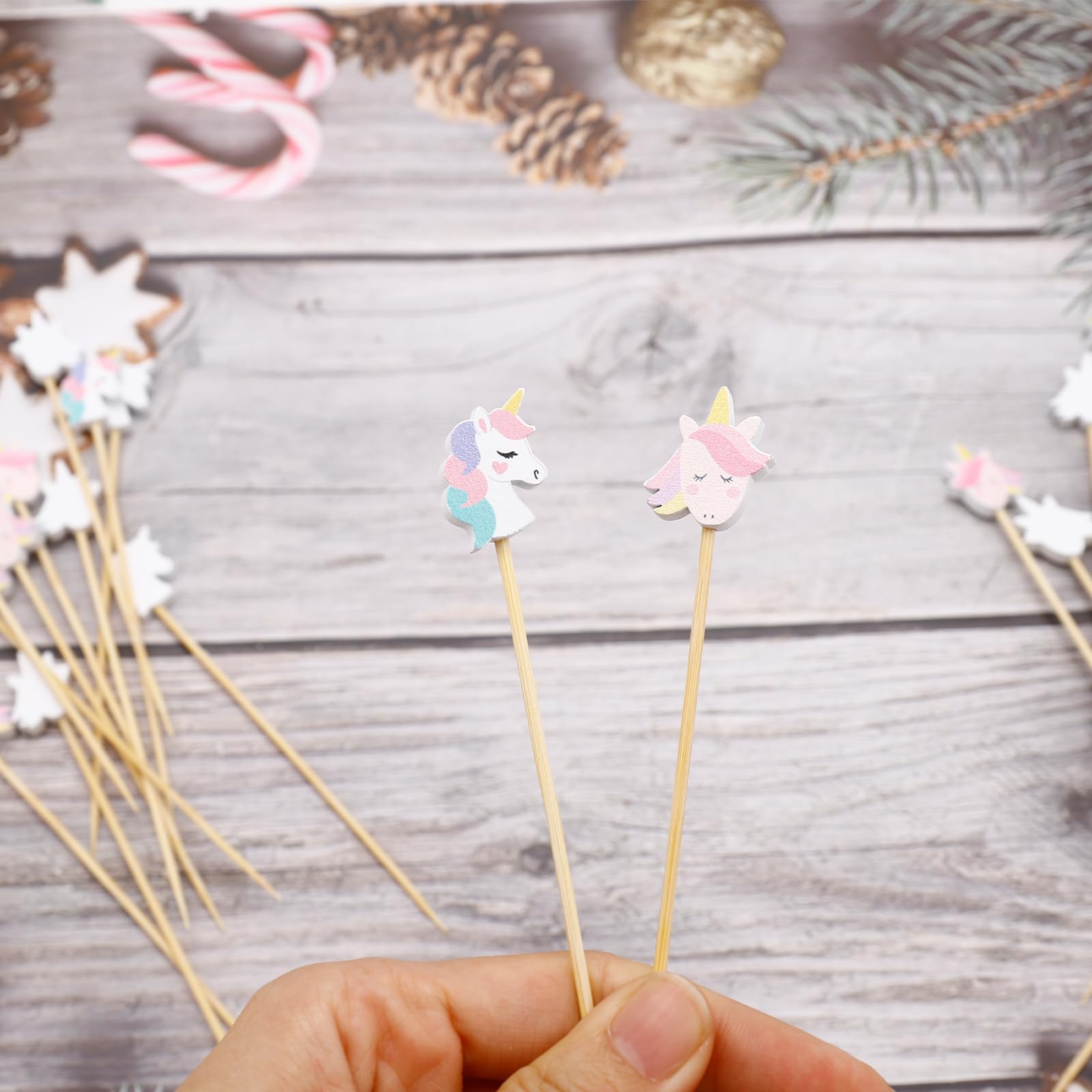 Catelves Spiedini per bambini, 100 spiedini da cocktail, stuzzicadenti, in legno, 13 cm, unicorno, spiedini di frutta per cocktail, decorazione per cupcake, spiedini estivi