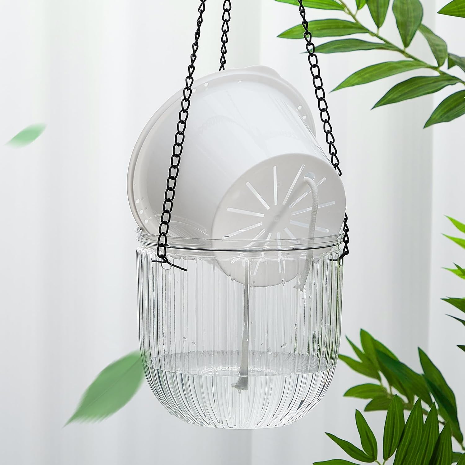Meanplan 4 Pcs Self Watering Hanging Planter Indoor 6.5 Inch Hanging Baskets for Plants Outdoor Plastic Flower Pot with 3 Hooks Chains Drainage Holes for Garden Home, Medium Size(Clear)