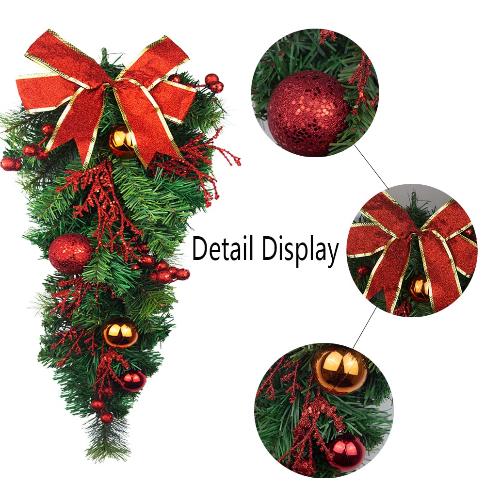 JOJAZE Artificial Christmas Teardrop Swag with Pine Cones Ribbon Bow Hanging Pine Needle Artificial Teardrop Swag Christmas Swag for Indoor Outdoor Home Wall Door Hanging Decor