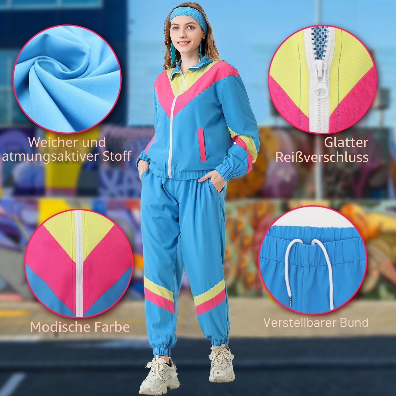80er 90er Jahre Outfit Damen Trainingsanzug Jacke Hose Anzug 80er Retro Kleidung Accessoire 80s Kostüm Halloween Karneval Party (Blau, M)