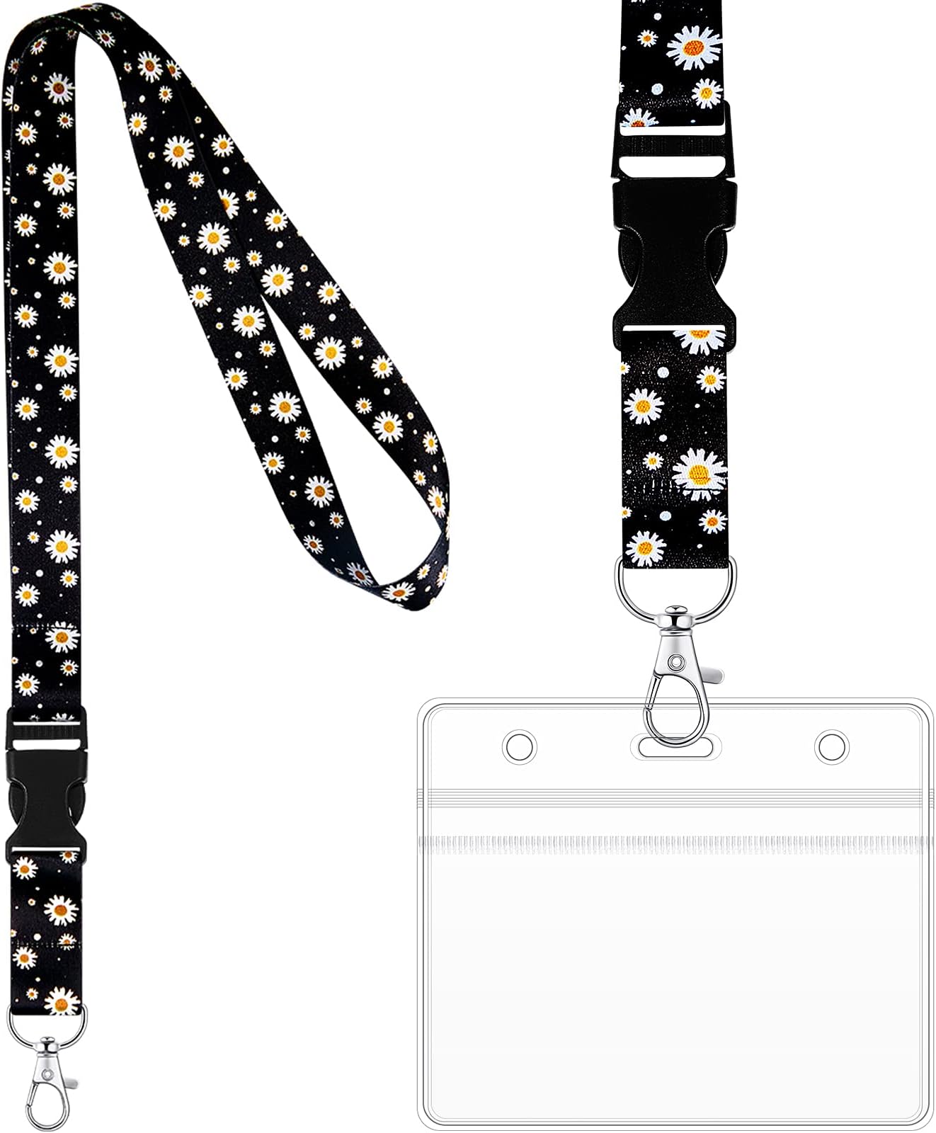 Tenare Daisy Lanyard with Card Protector Holder Daisy Neck Strap Flower Lanyard with Metal Clasp and Waterproof Transparent Card Protector Office Accessories(Black)