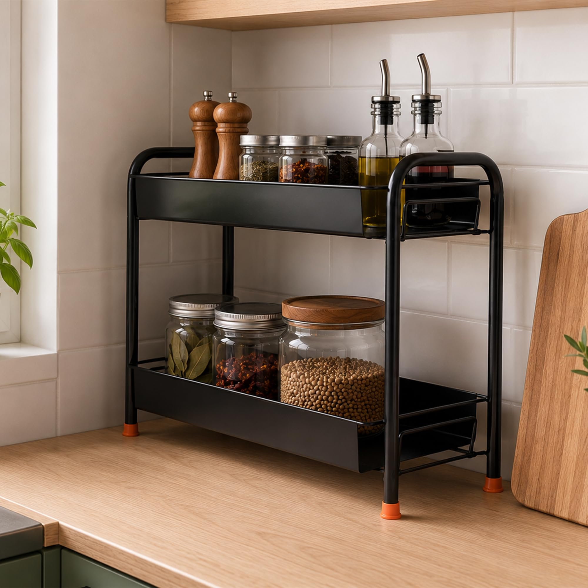 Zepdos 2 Tier Kitchen Countertop Organizer Rack | Multipurpose Metal Storage Shelf for Spice Jars, Condiments, Bathroom & Pantry Organization | Space Saving Counter Rack, Black (40 x 20 x 33 cm)