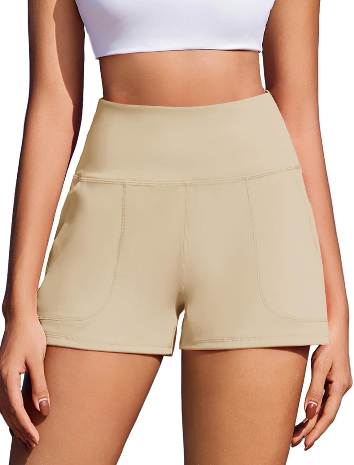 PINSPARK Workout Shorts Women Wide Leg Athletic Shorts High Waisted Yoga Shorts Tummy Control Gym Short with Pockets