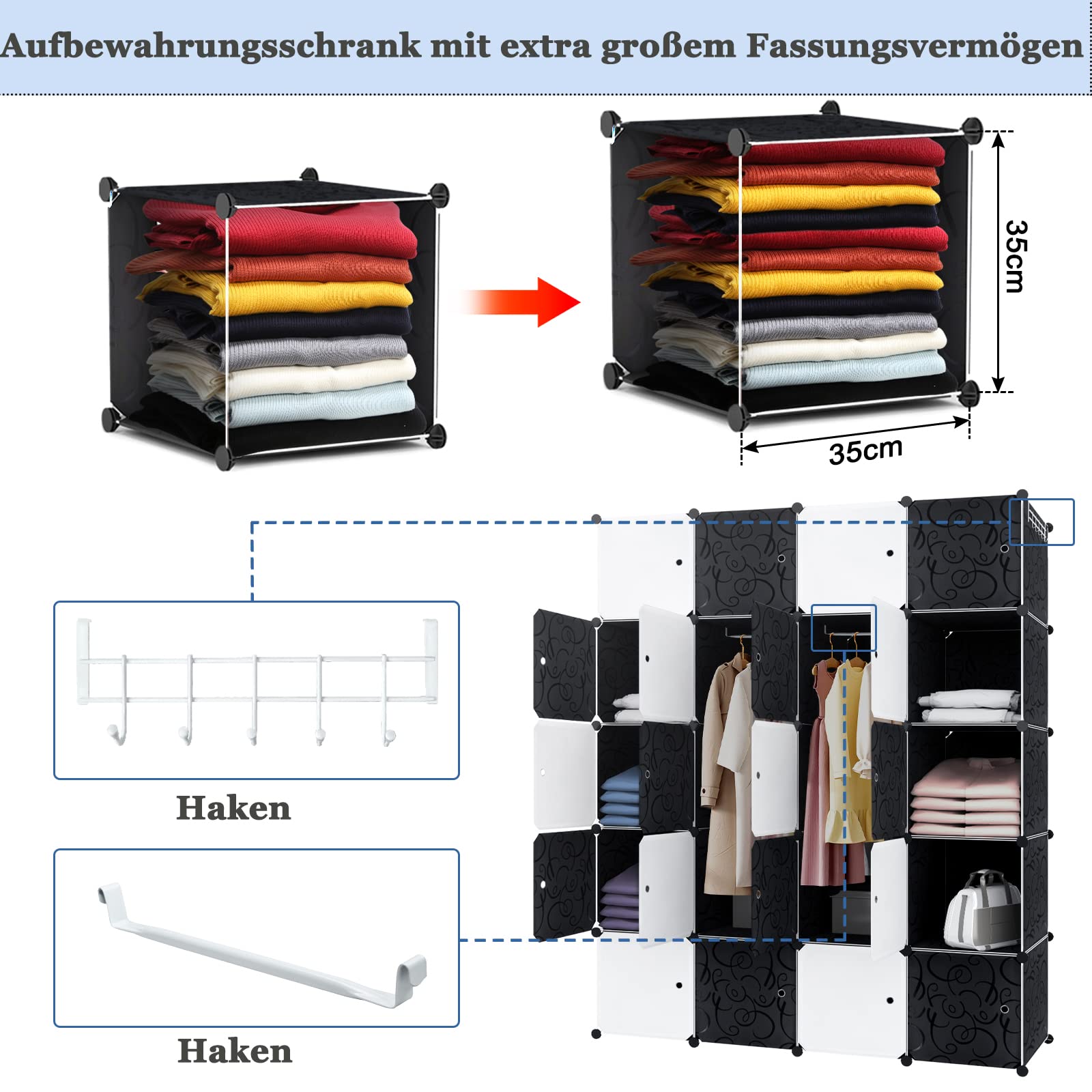 YUENFONG Kleiderschrank Organizer Garderobe DIY Regalsystem Steckregalsystem aus Kunststoff für Kleidung, Schuhe, Spielzeug und Bücher, Schwarz (20 Boxen mit Tür)