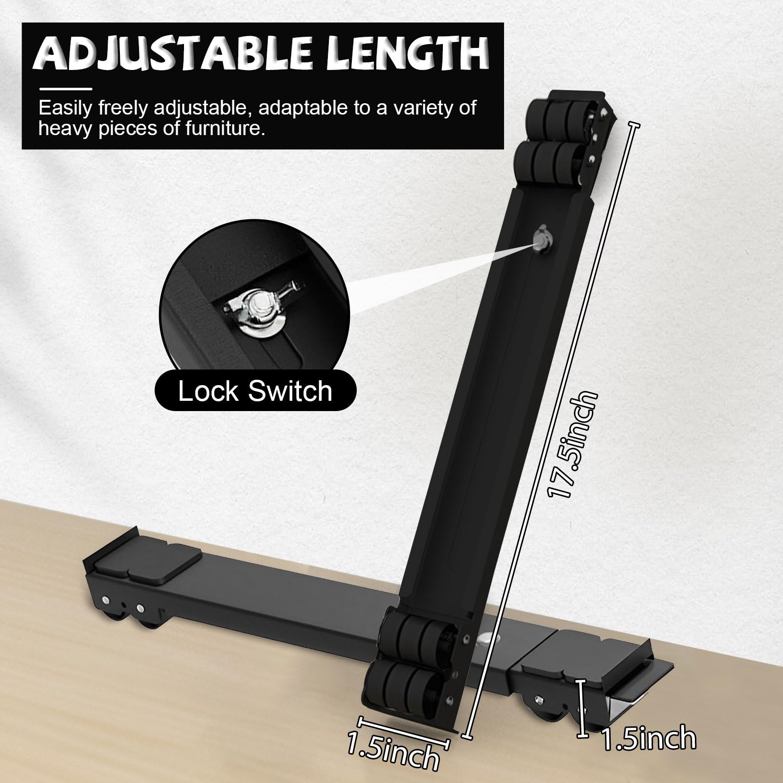 JAMHEXOU Heavy Duty Appliance Rollers, Extendable Furniture Moving Roller Wheels with Brake - Image 2