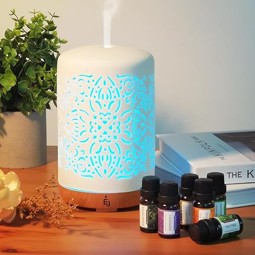 Earnest Living Difusor de aceite esencial, difusor de cerámica blanca, temporizador de 3.4 fl oz, luces nocturnas y función de apagado automático,