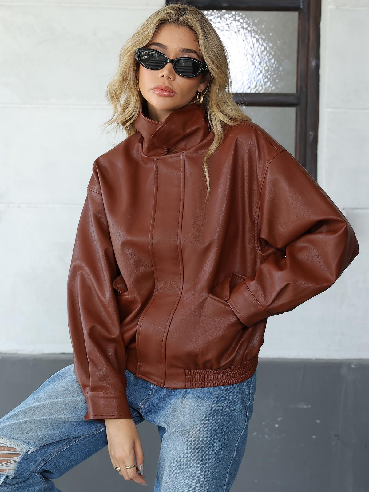 HOUZONIY Giacca in pelle da donna, oversize, in similpelle, alla moda, per autunno e inverno, a maniche lunghe, con zip