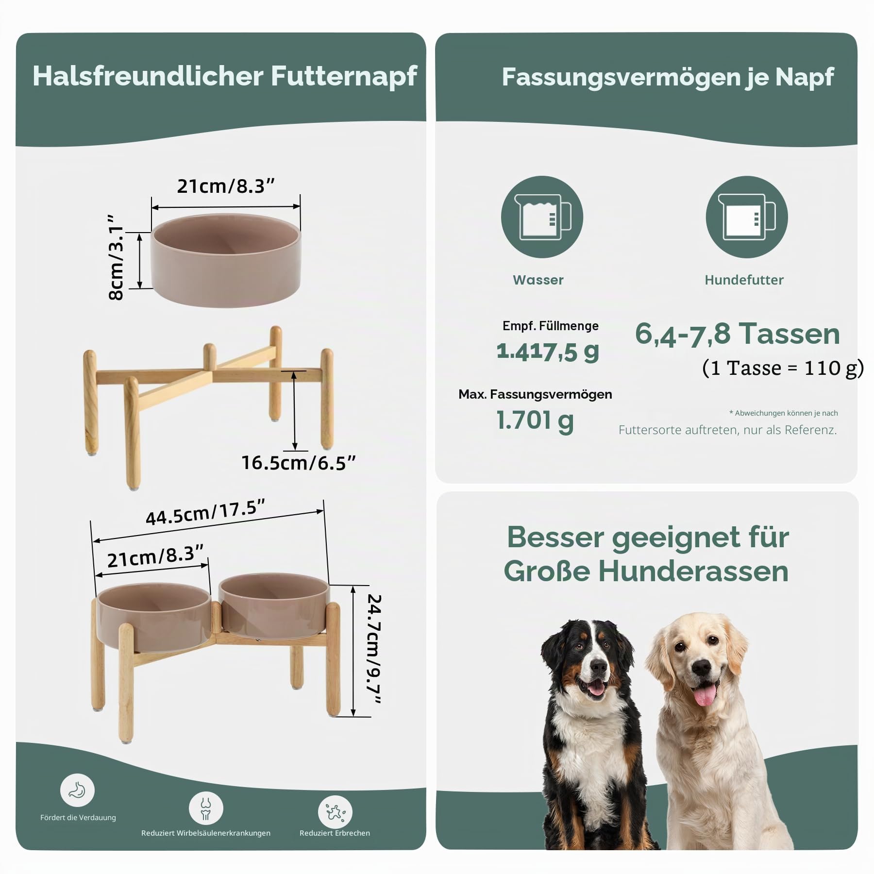 Havniva Keramischer Hundenapf 21 cm mit Ständer für Hunde großer Rassen, Futter- und Wassernapf (Doppelnapf mit Ständer -brauner Kaffee)
