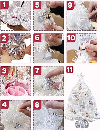 Miniatura 6 de MODFUNS Pequeño árbol de Navidad artificial de mesa de 2 pies, blanco pequeño árbol de Navidad con luces, árbol de Navidad con soporte de plástico,