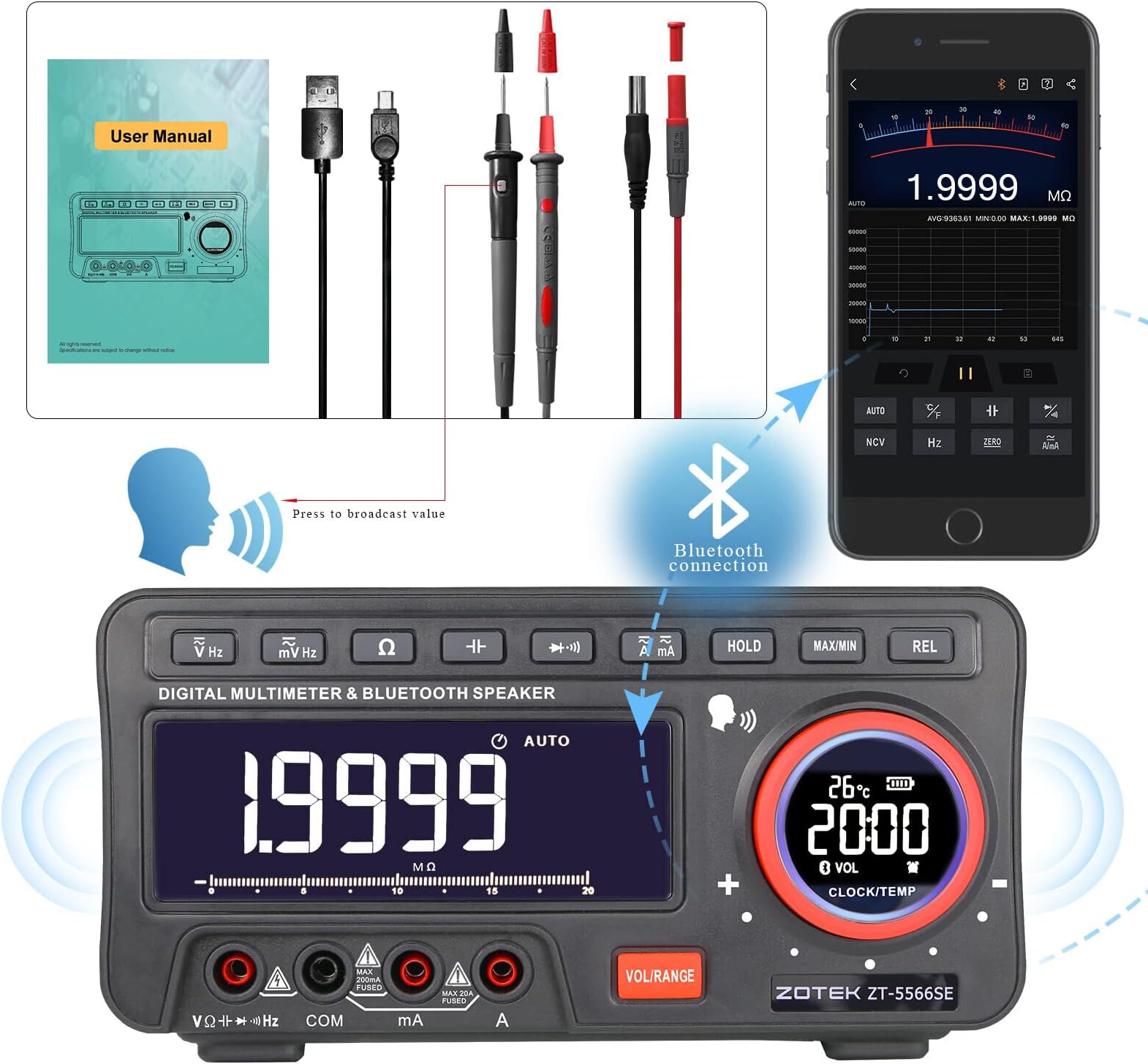 Zoyi 5566SE Digital Multimeter with Bluetooth Speaker, AC/DC Voltage Tester, Resistance, Capacitance, Temperature, Frequency Measurement, and Voice Broadcast for Home and Industrial Use