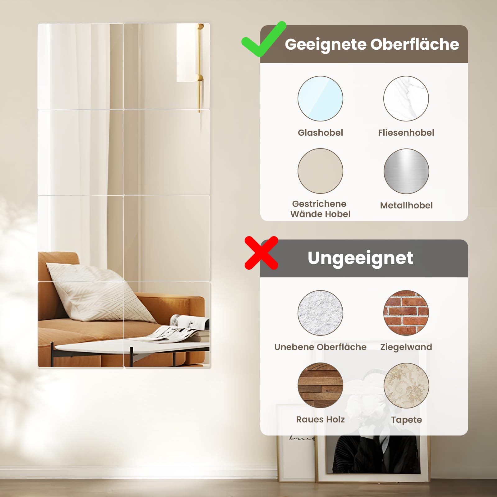 WEER Sicherer Klebespiegel Selbstklebend 4 Stück 35x29cm, 2mm Sicherheitsglas Wandspiegel, HD DIY Türspiegel, Ganzkörperspiegel, Badezimmer Ohne Bohren, Schlafzimmer & Kinderzimmer