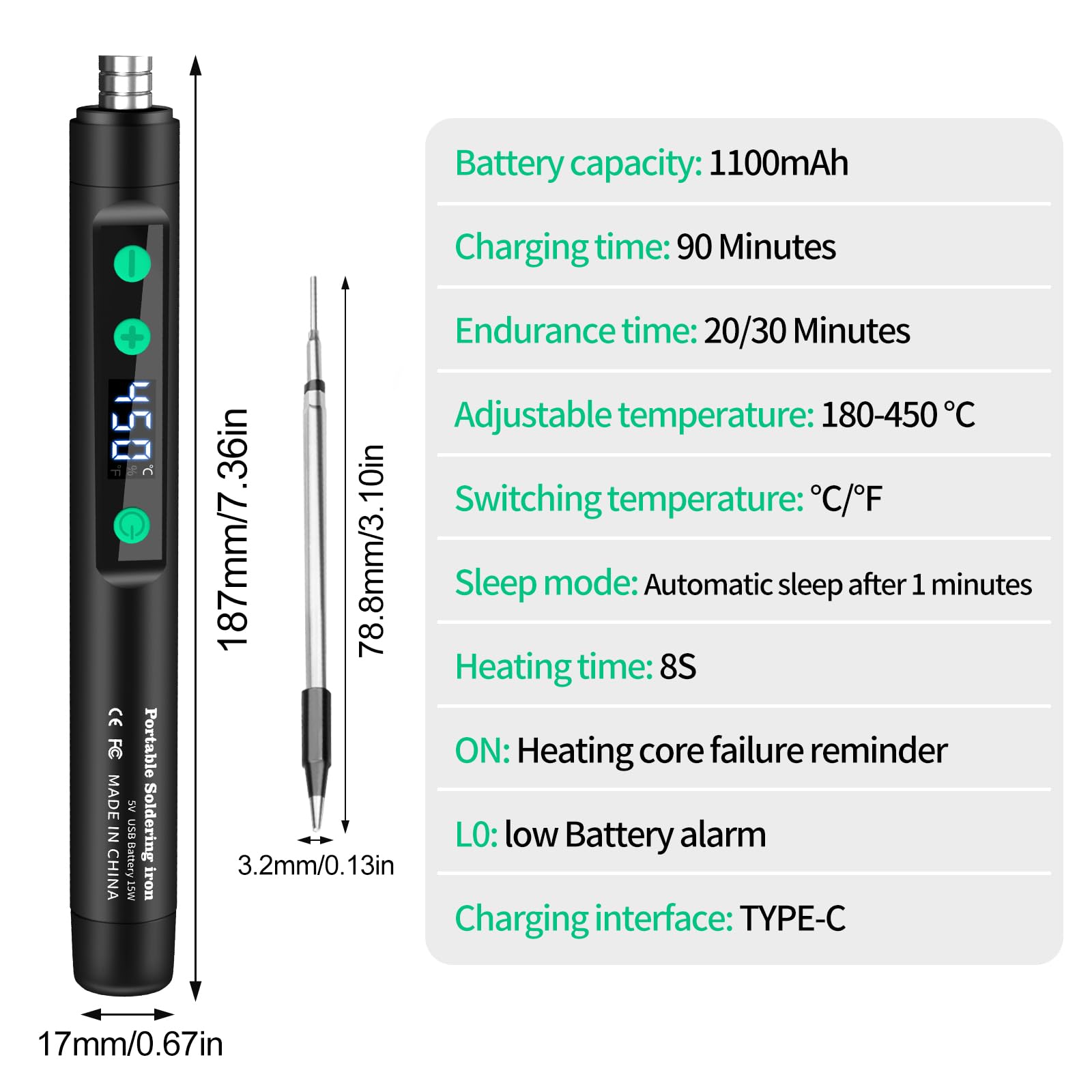 diymore Kit de soldador inalámbrico USB-C con pantalla LCD, temperatura ajustable de 180 ℃ a 450 ℃, bolígrafo de soldadura portátil recargable para reparación de electrónica, proyectos de bricolaje