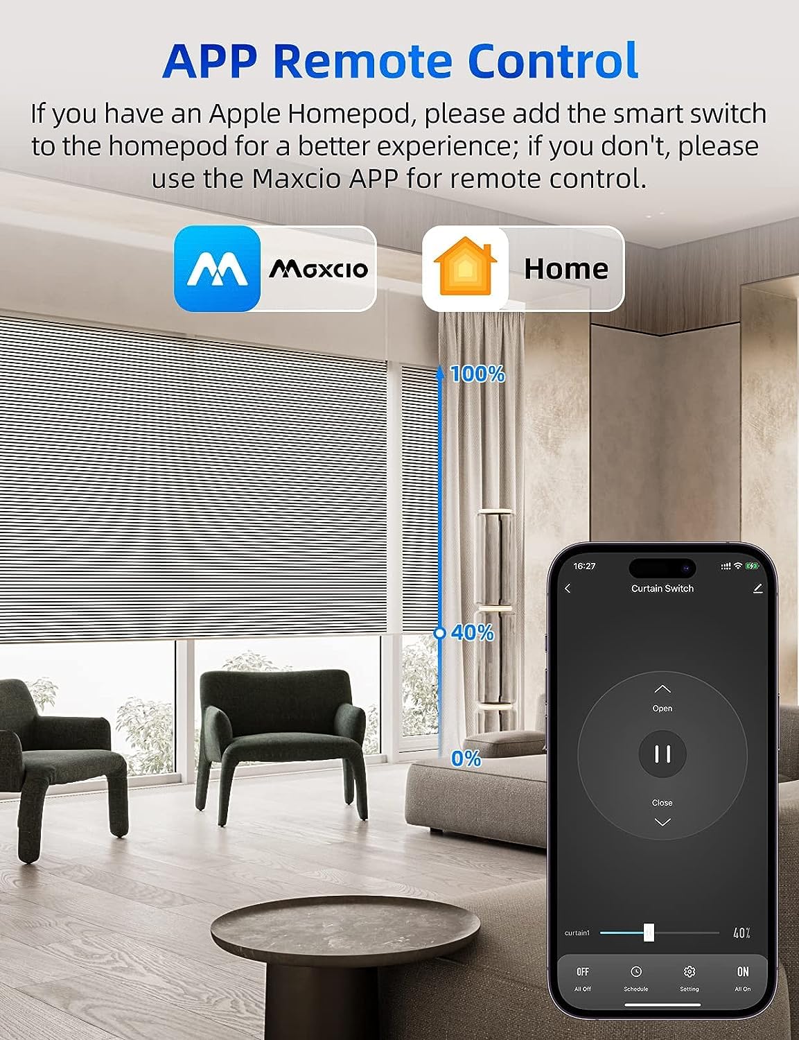 Homekit Wlan Rolladenschalter, Maxcio Smart Jalousieschalter mit Timer/Steuerbare LED, Kompatibel mit Siri, Amazon Alexa, Google