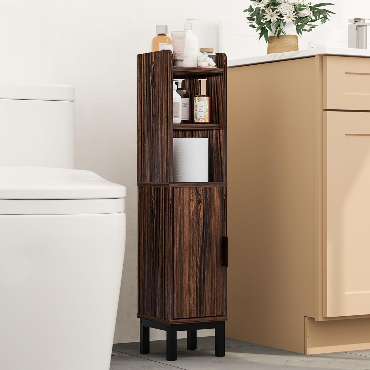 Small Bathroom Storage Cabinet, Corner Floor Cabinet with Door and Shelves, Narrow Toilet Paper Cabinet, Bathroom Organizer with Adjustable Shelf, for Small Spaces (Walnut)