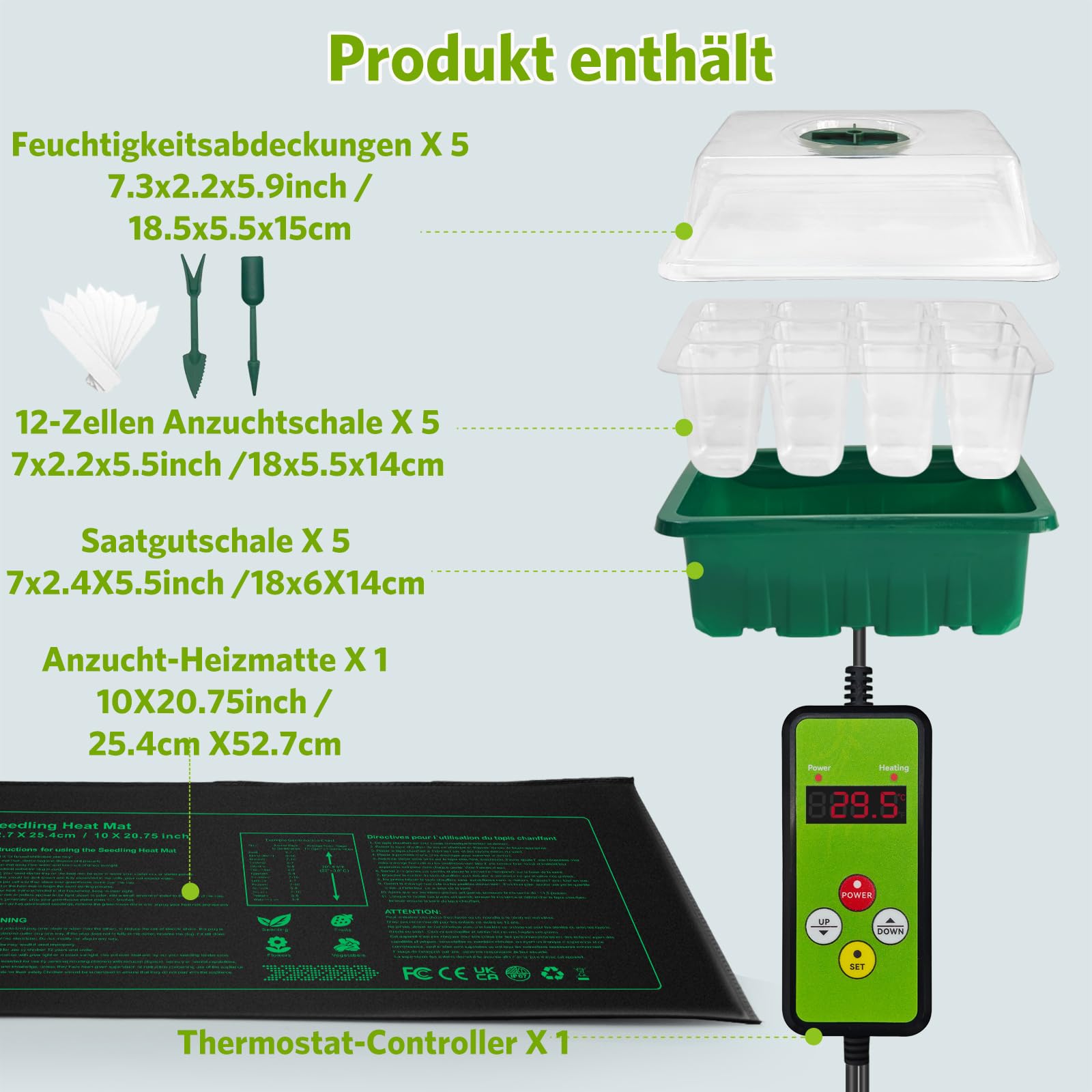 NAMOTEK Tappetino riscaldante per Piante con termostato Digitale e Set da 5 vaschette per Semina – Controllo della Temperatura per germinazione e propagazione delle Piante – Standard Met