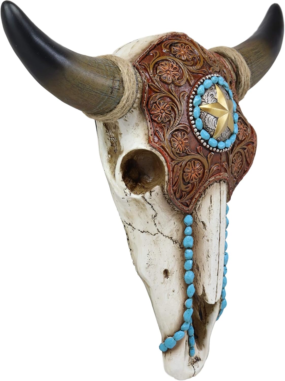 Ebros 13.25" Wide Western Star Tooled Leather Steer Bison Buffalo Bull Cow Horned Skull Head With Turquoise Beads Wall Mount Decor Replica Native Animal Totem Bust Skulls Hanging Plaque Sculpture