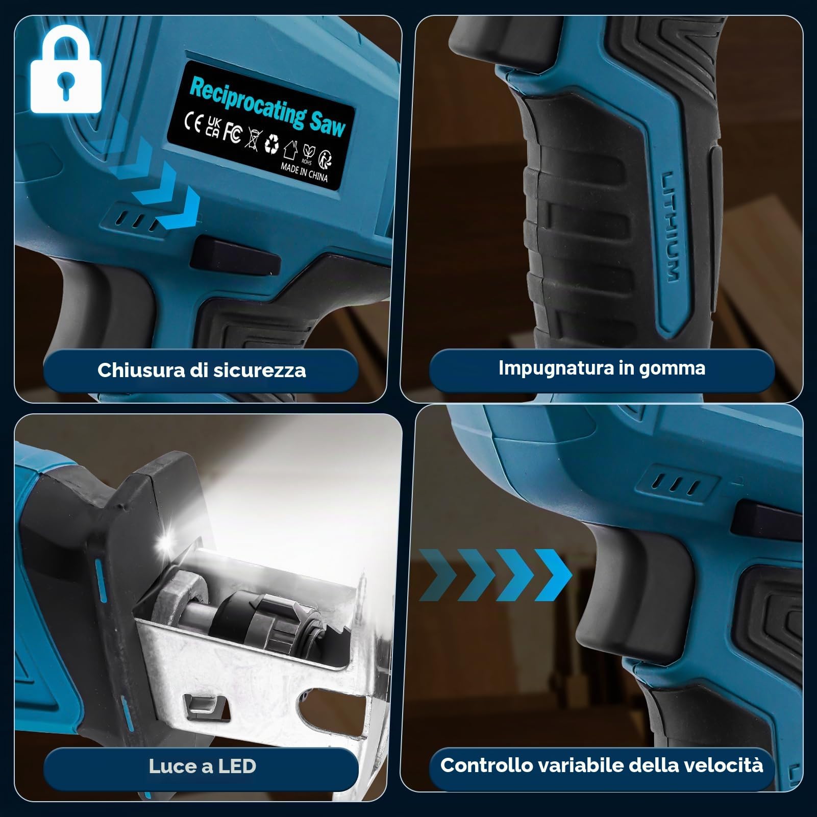 Sega a sciabola, 0-4000 giri/min elettrica a velocità variabile, sega elettrica senza fili da 21 V per taglio metallo, per taglio PVC con 2 batterie, 8 lame, blu