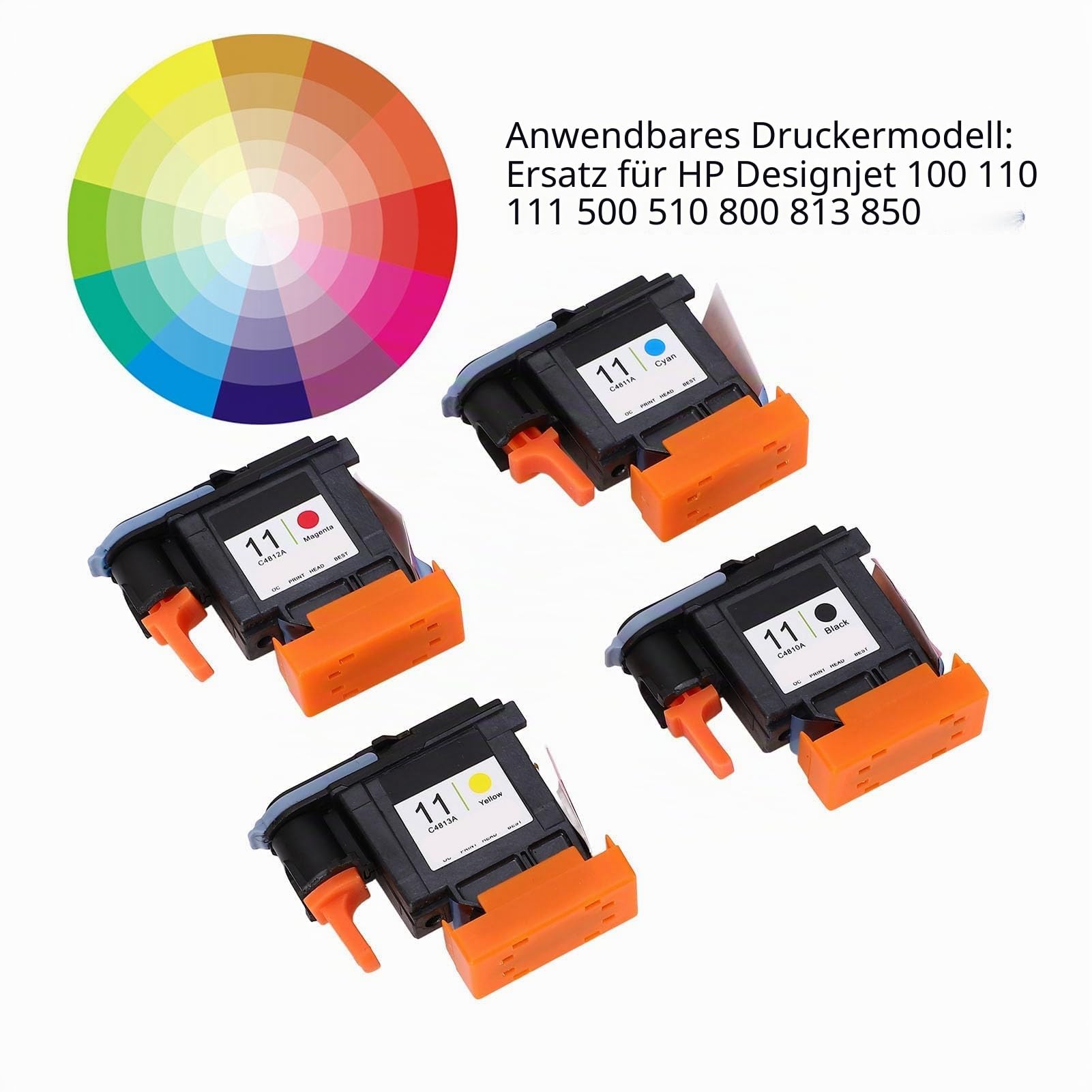 4 Stück Druckkopf,Druckkopf Ersatz HP Designjet 100 110 111 500 510 800 813 850,Farbe von Magenta, Schwarz, Cyan und Gelb