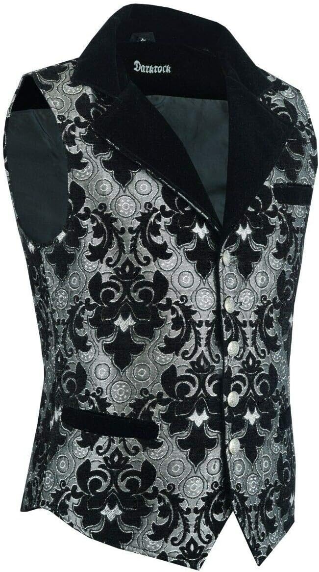 Darkrock Victorian Steampunk Edwardian Western Brocade Silver Black Gothic Men's Vest