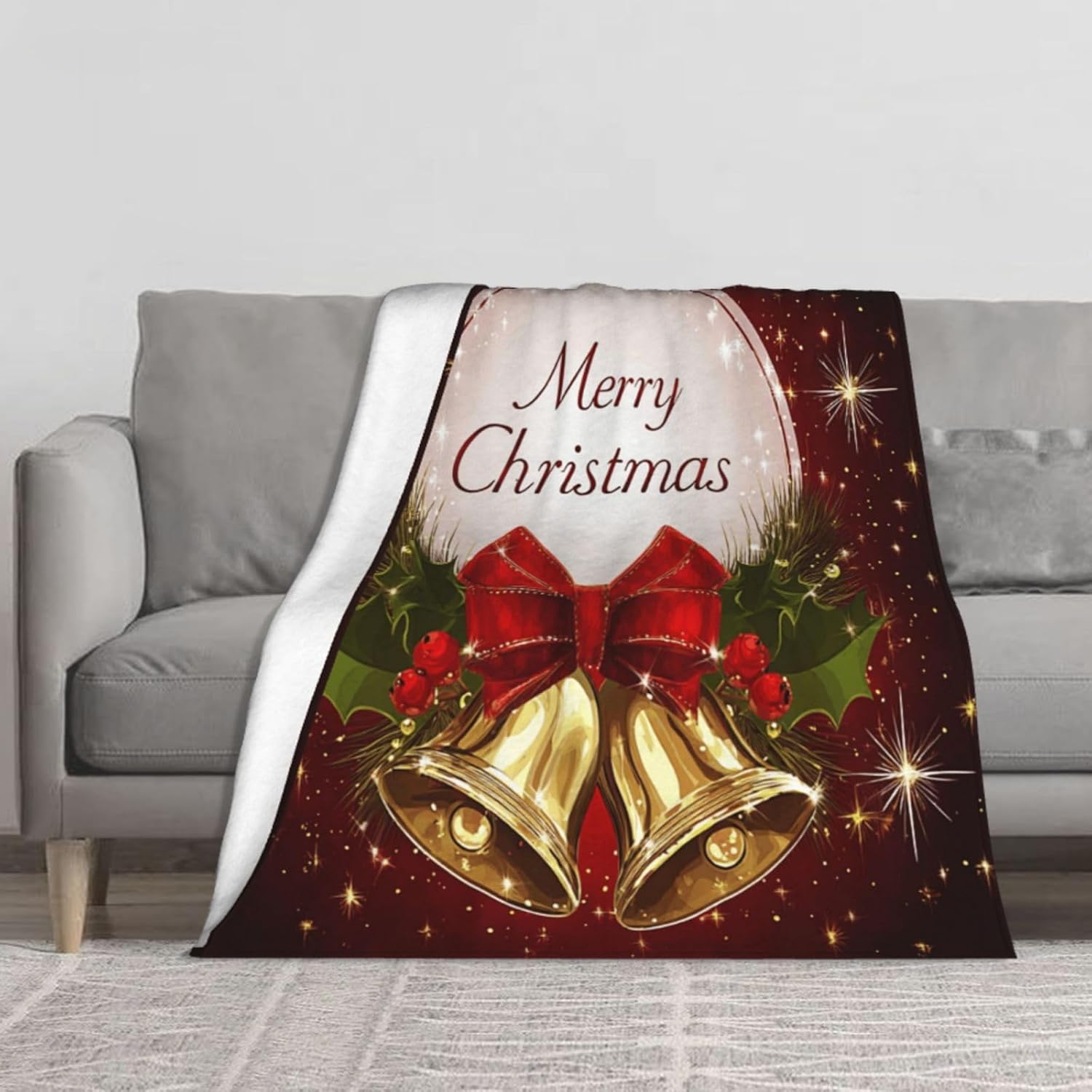Flannel Throw Blanket Christmas Bell Red Xmas Soft Cozy Holiday Blanket for Couch Bed Sofa, Lightweight Warm Fleece Blanket All Season, Festive Home Decor, 50 x 60 Inch