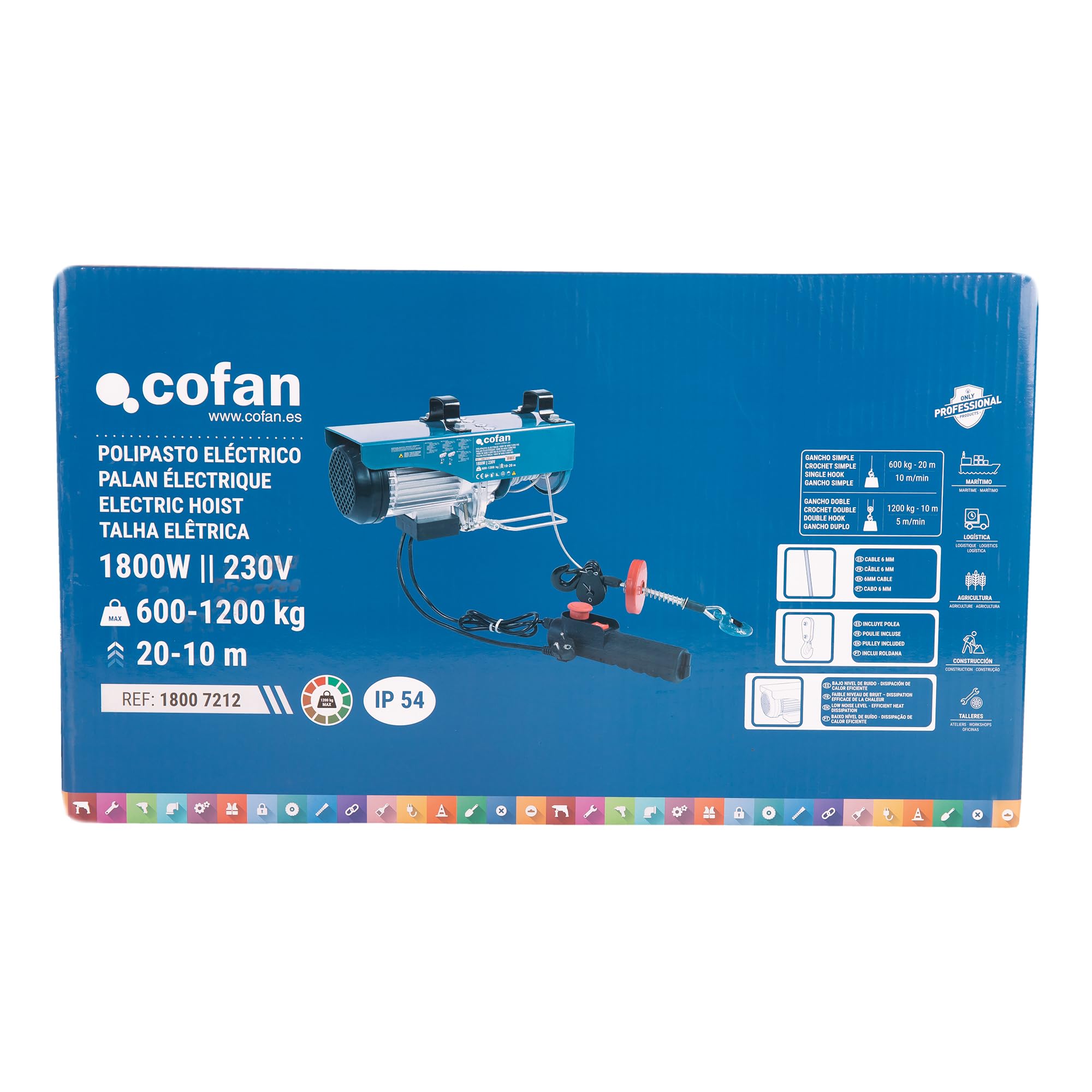 Cofan Polipasto eléctrico 1800 W | Capacidad de carga: 600/1200 kg | Altura de elevación: 10/20 m | Parada de emergencia | Incluye mando | Protección IP54