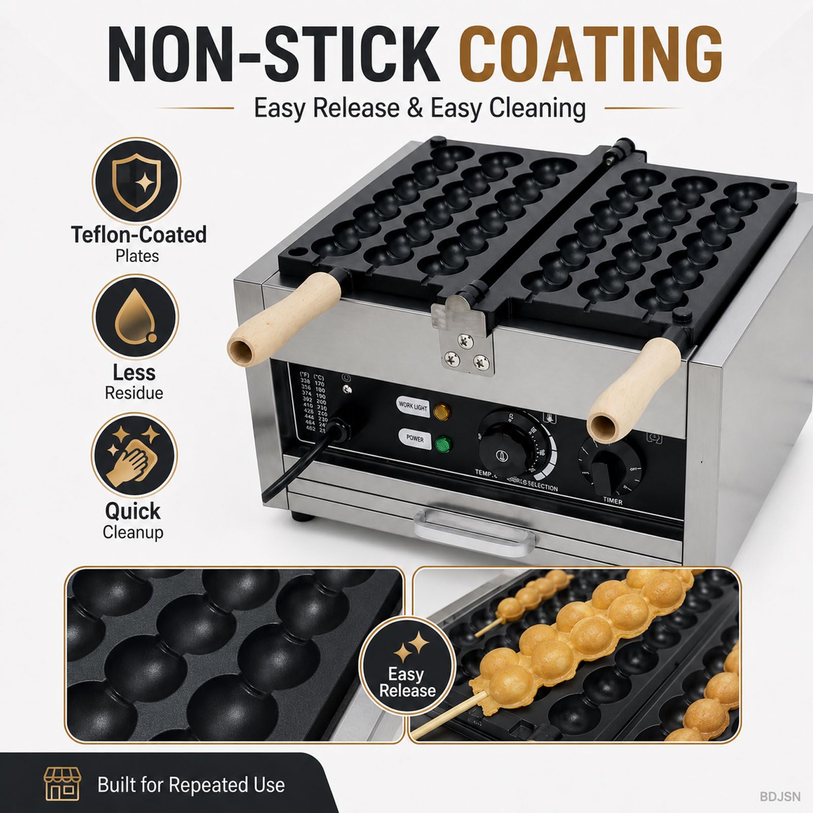 Macchina Professionale per Waffle A Spiedo, 1400w, Elettrica, con Design A Rotazione A 180°, Controllo della Temperatura da 50 A 300 °c, Timer da 0 A 5 Minuti, Piastre Antiaderenti per Bar,