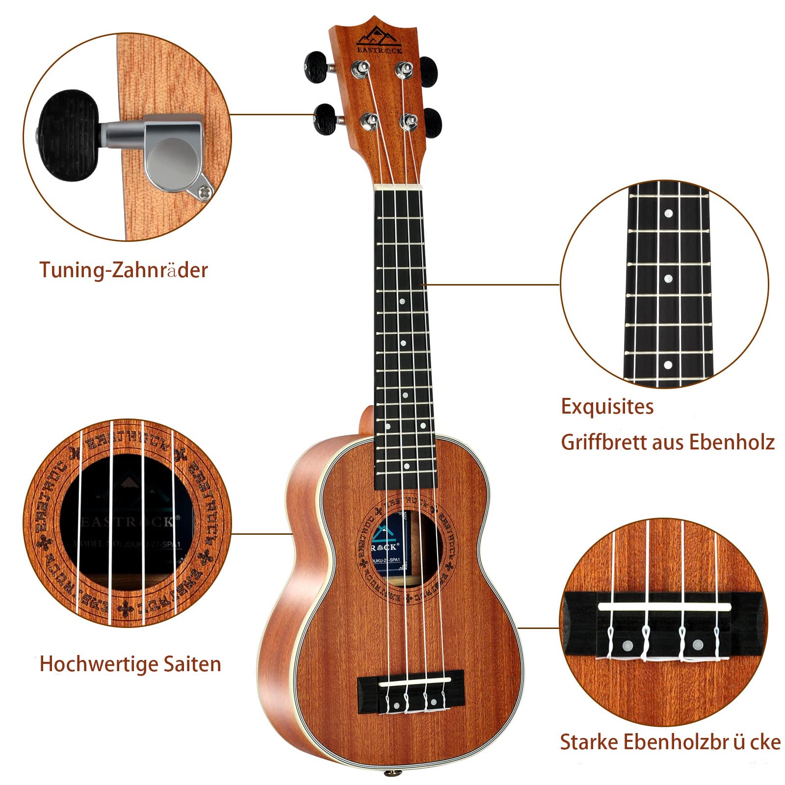 EASTROCK Guitarra hawaiana principiante de madera maciza Ukalalee pequeña con bolsa 21 pulgadas Sapele