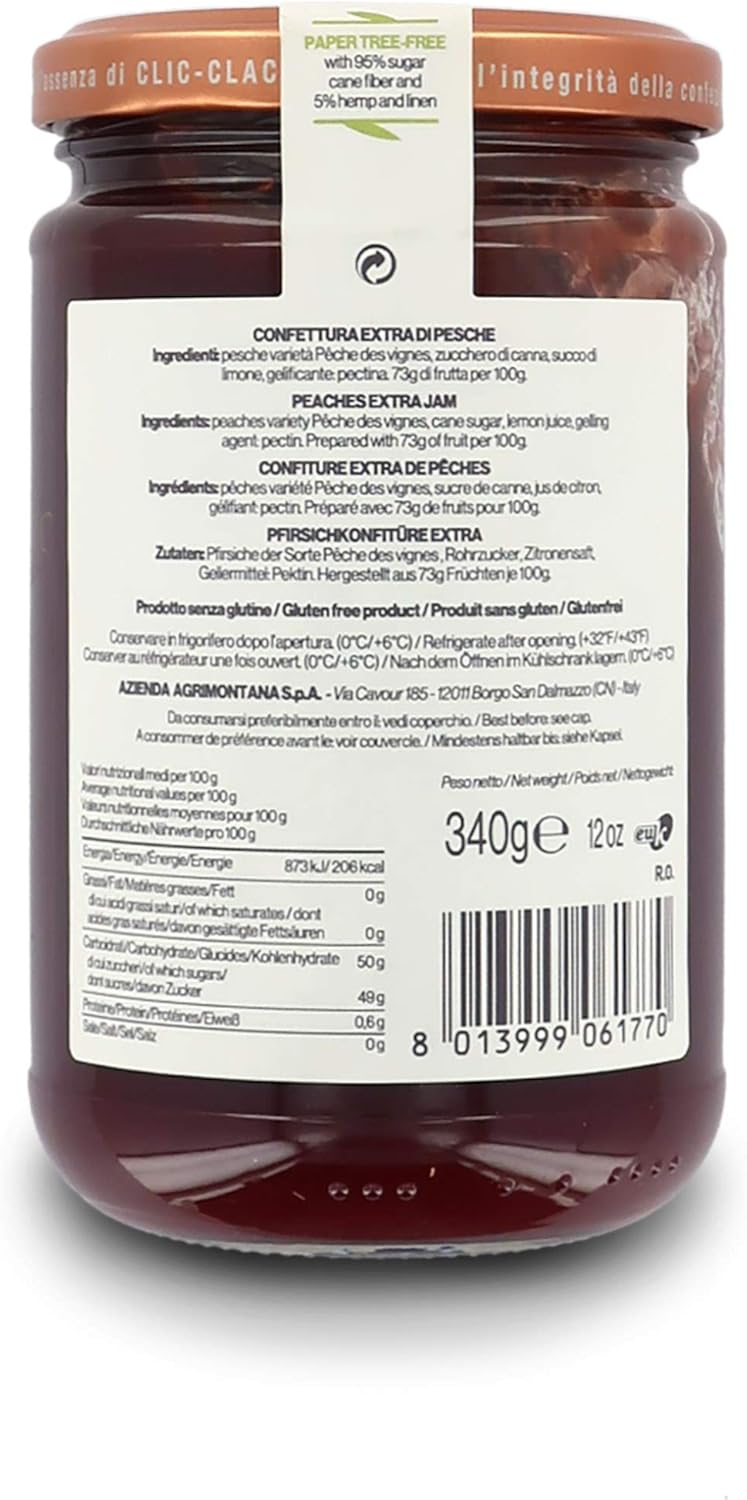 Agrimontana Extra Jam of Peaches from The Vineyard, Pêche Des Vignes - I Crus, 340 Grams / 11.99 Ounces
