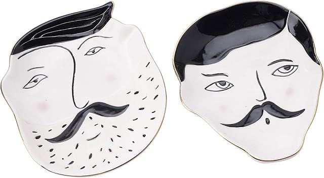 CGB Giftware Set of 2 Decorative Ceramic Gentlemen with Moustache Dish Trinket Tray | Jewellery, Necklace and Earrings Organisers and Tray | GB05160