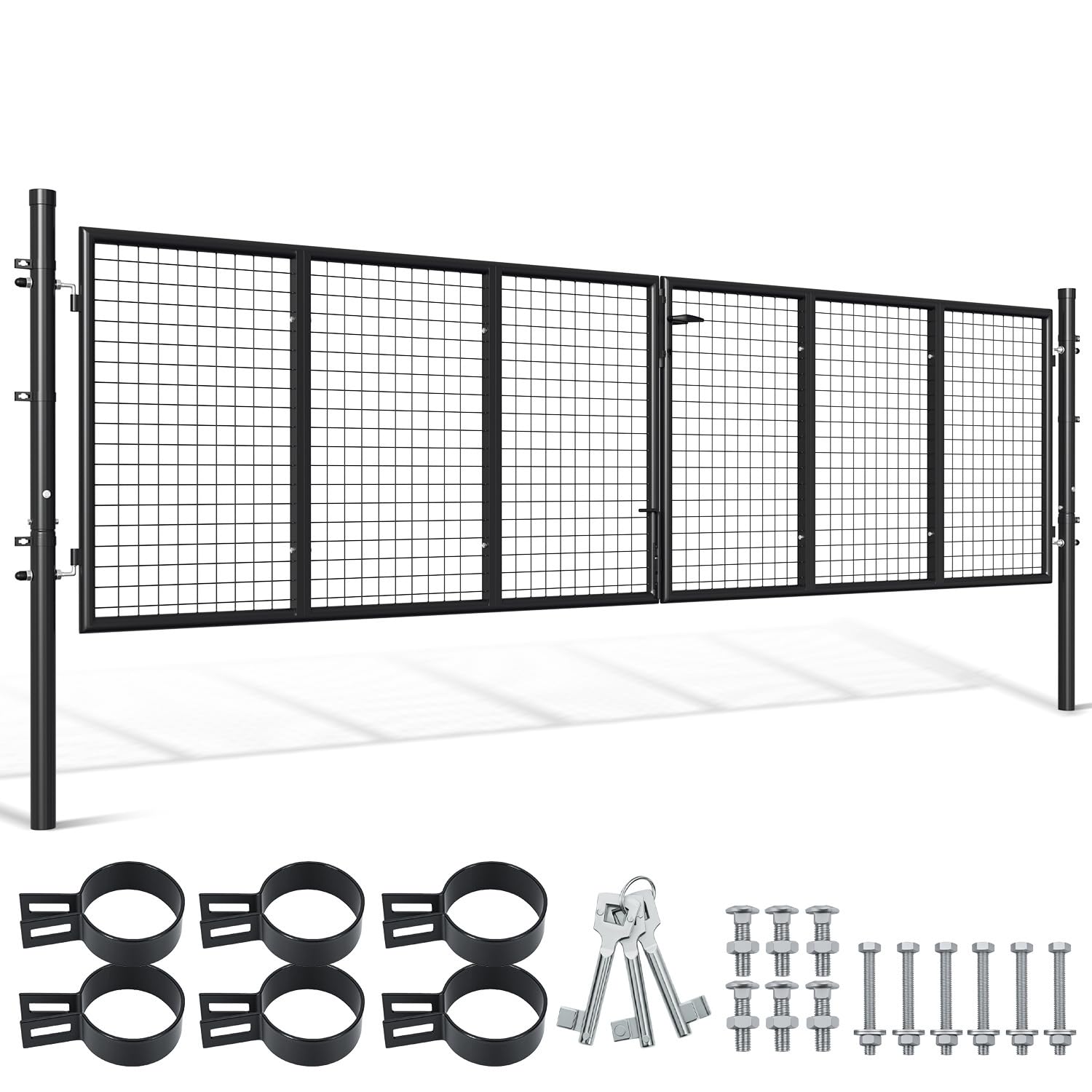 Cancello da giardino a doppia ala, 350 x 100 cm, in metallo, con manico, serratura, 3 chiavi e chiusura a pavimento, robusto, doppia anta per cancello di recinzione, antracite