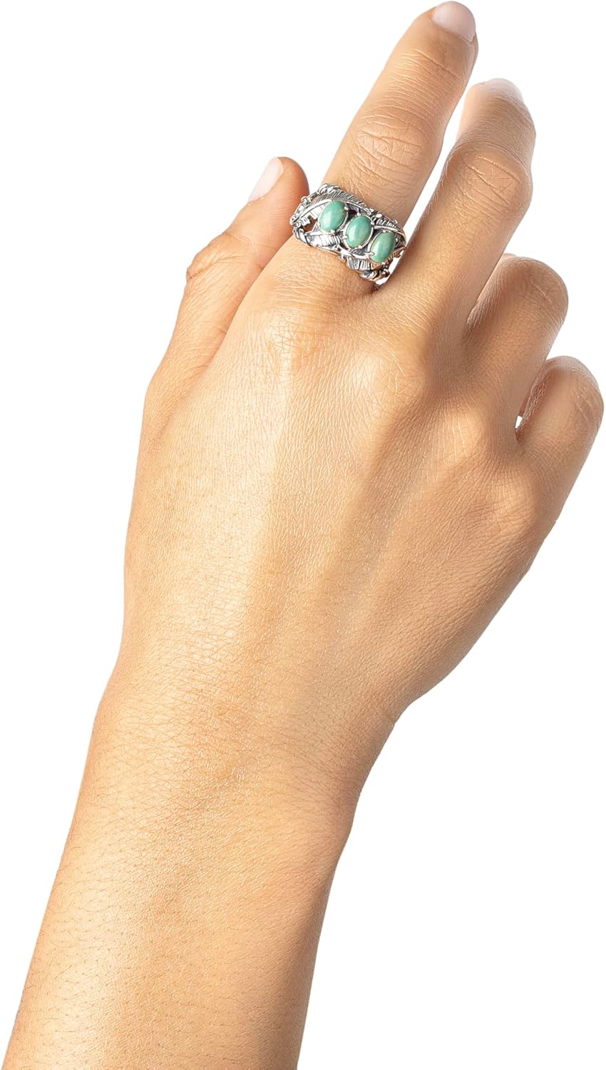 American West Jewelry Sterling Silver Genuine Gemstone Three Stone Feather Ring