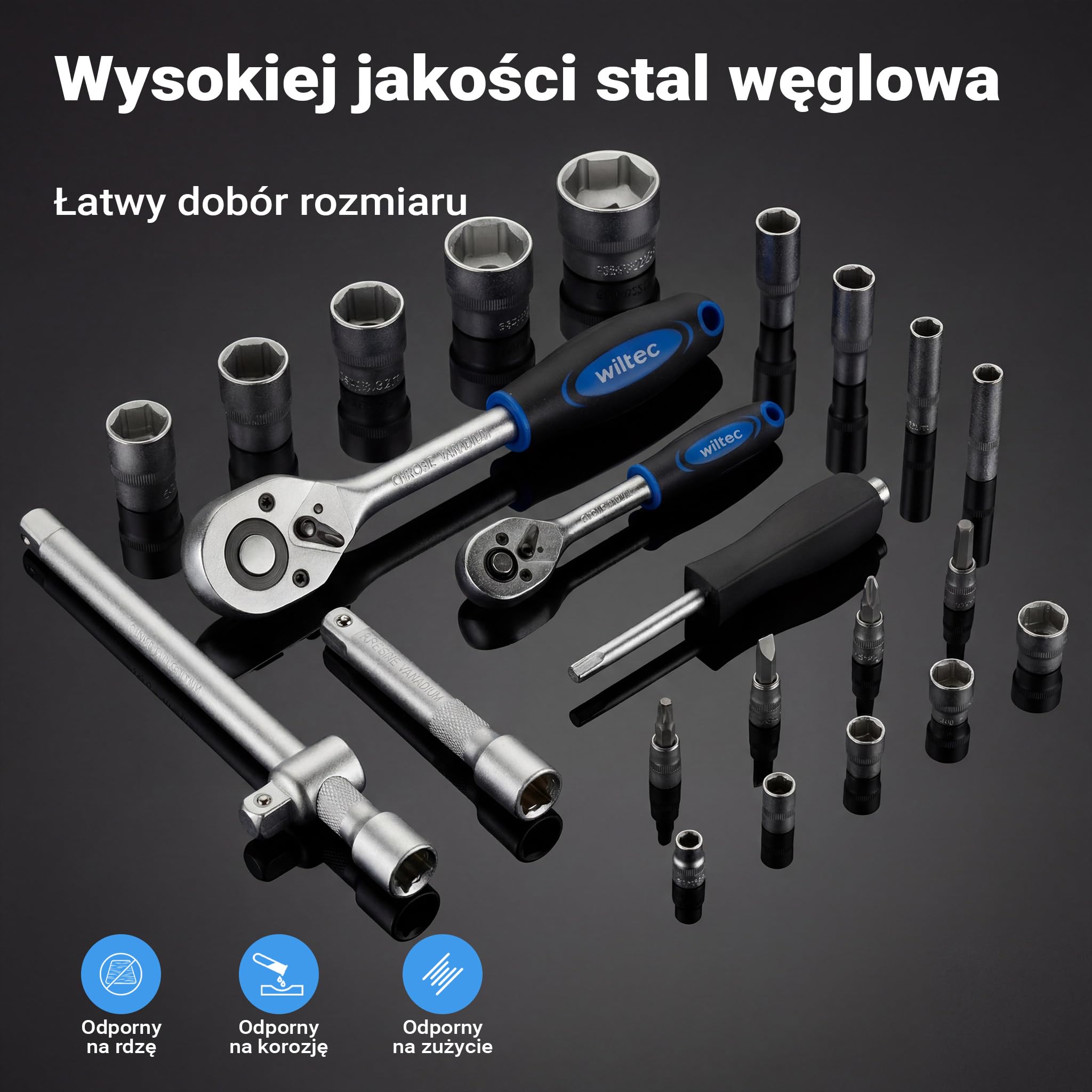 Wiltec Zestaw kluczy nasadowych 108-cz. z napędem ½" (12,5 mm) i ¼" (6,3 mm) i 2 grzechotkami w praktycznej walizce transportowej