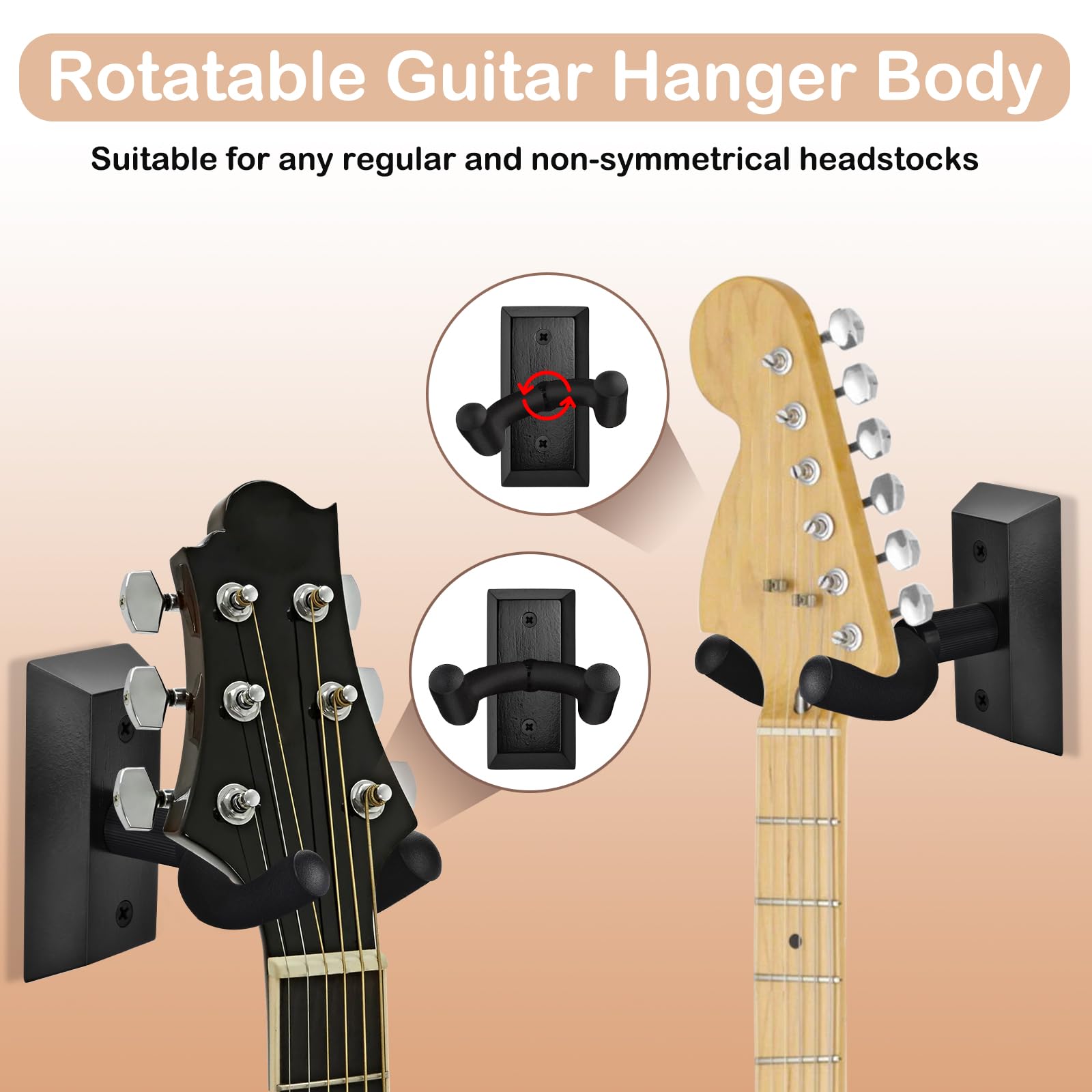 DOMMI Gitarren-Wandhalterung, 4 Stück, Gitarrenaufhänger mit drehbarem, weichem Gitarrenhalter für alle Gitarren, Hartholz U-förmiger Gitarren-Wandaufhänger für Akustik-, E-Gitarre, Bass, Blackwood