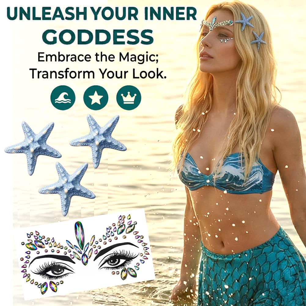 YUPDFGB 5Pcs Ocean Theme Cosplay Costume Set for Women Mermaid Costume for Women Adult 1 Skirt, 1 Ocean Face Tattoo - Image 4