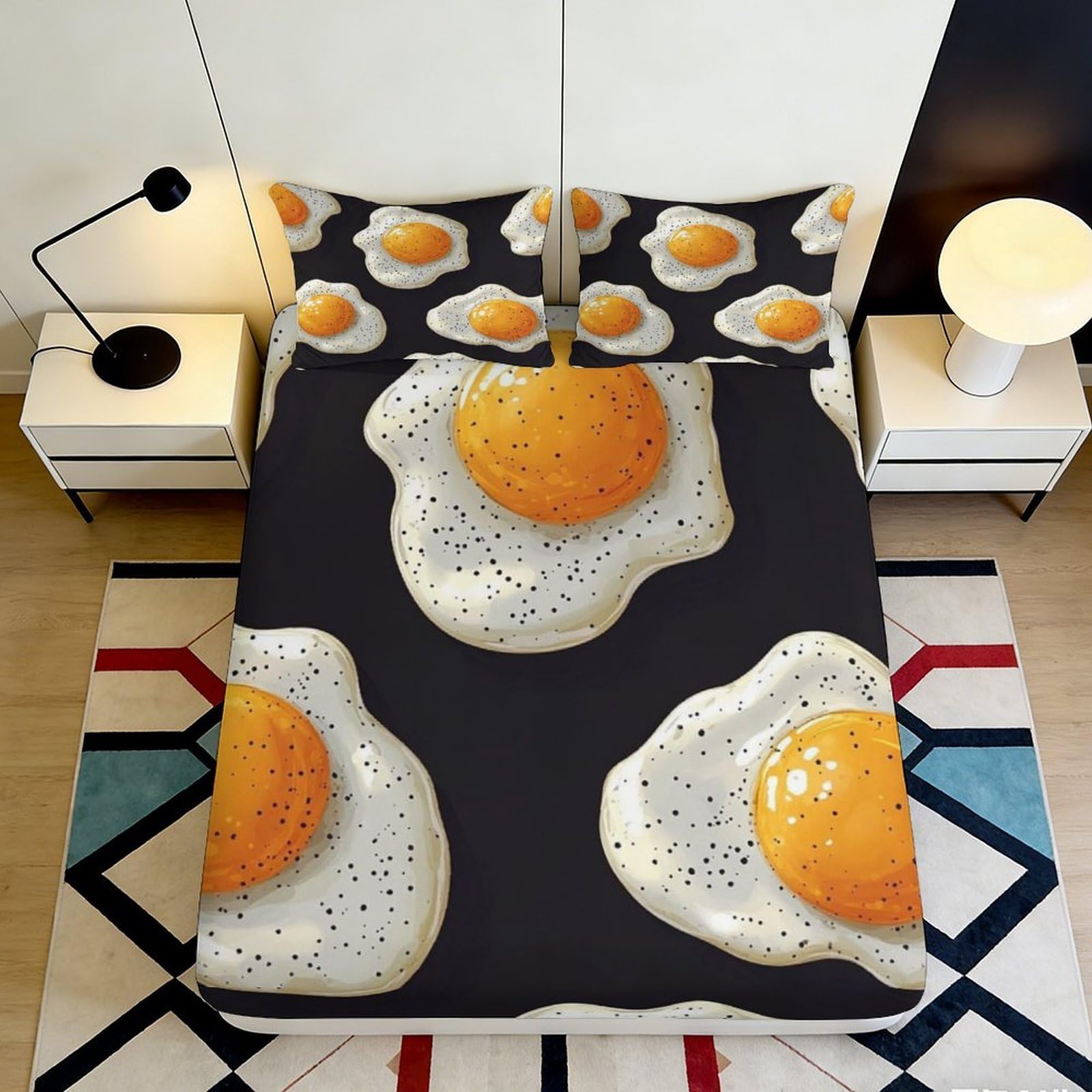 3D Printed Fried Egg Design Fitted Sheet Microfiber Non-Slip Deep Pocket Fried Egg Mattress Fitted Cover Elastic Washable for Bedroom Home 140x200x25cm