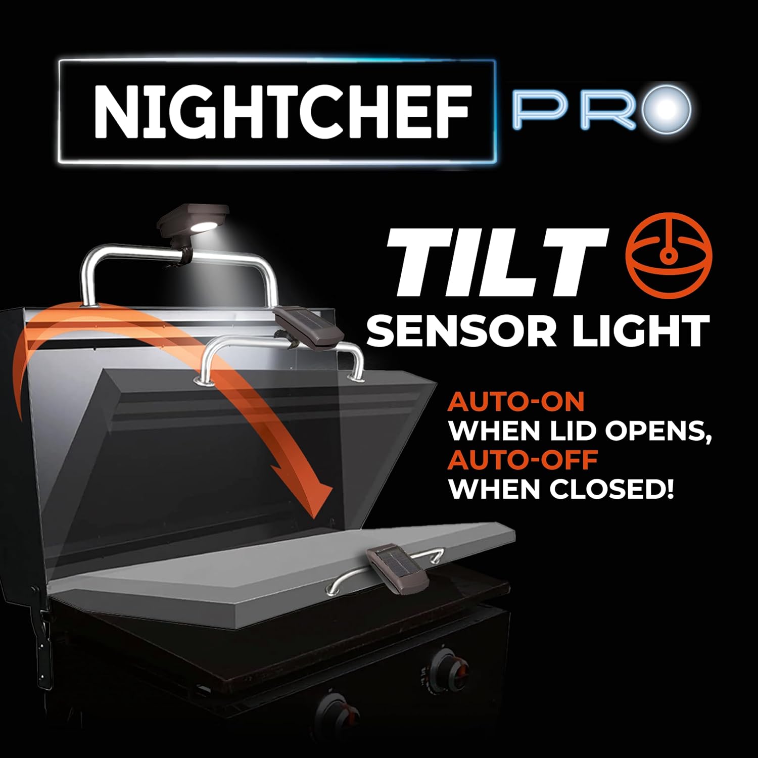 Night Chef Pro Outdoor Grill Light - Solar & USB-C Rechargeable LED BBQ Light Auto On/Off Tilt Sensor, Universal Mount, Weatherproof Grill Accessory for Blackstone, Weber & Most Grills