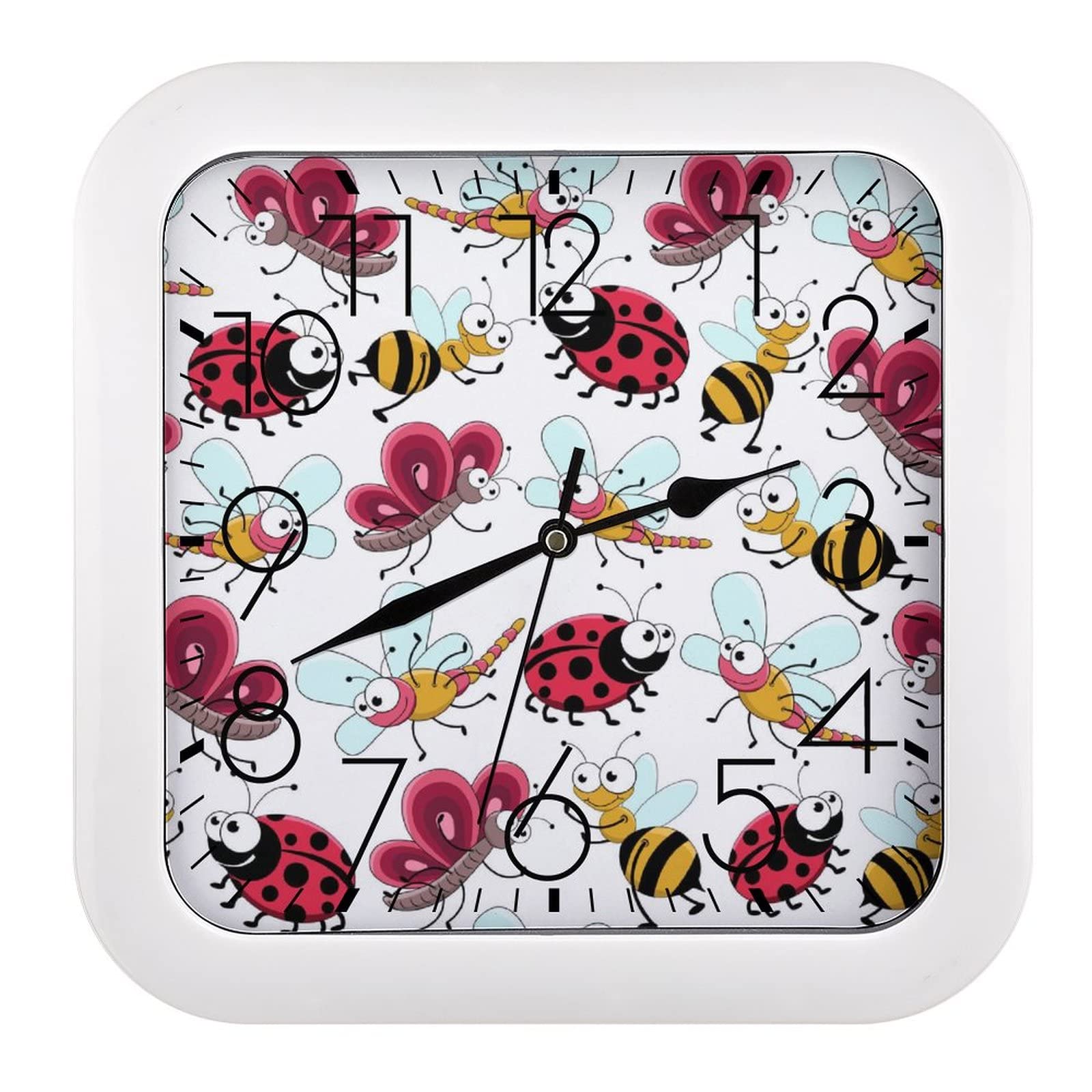 Horloge murale carrée coccinelle papillon 26cm à grands chiffres