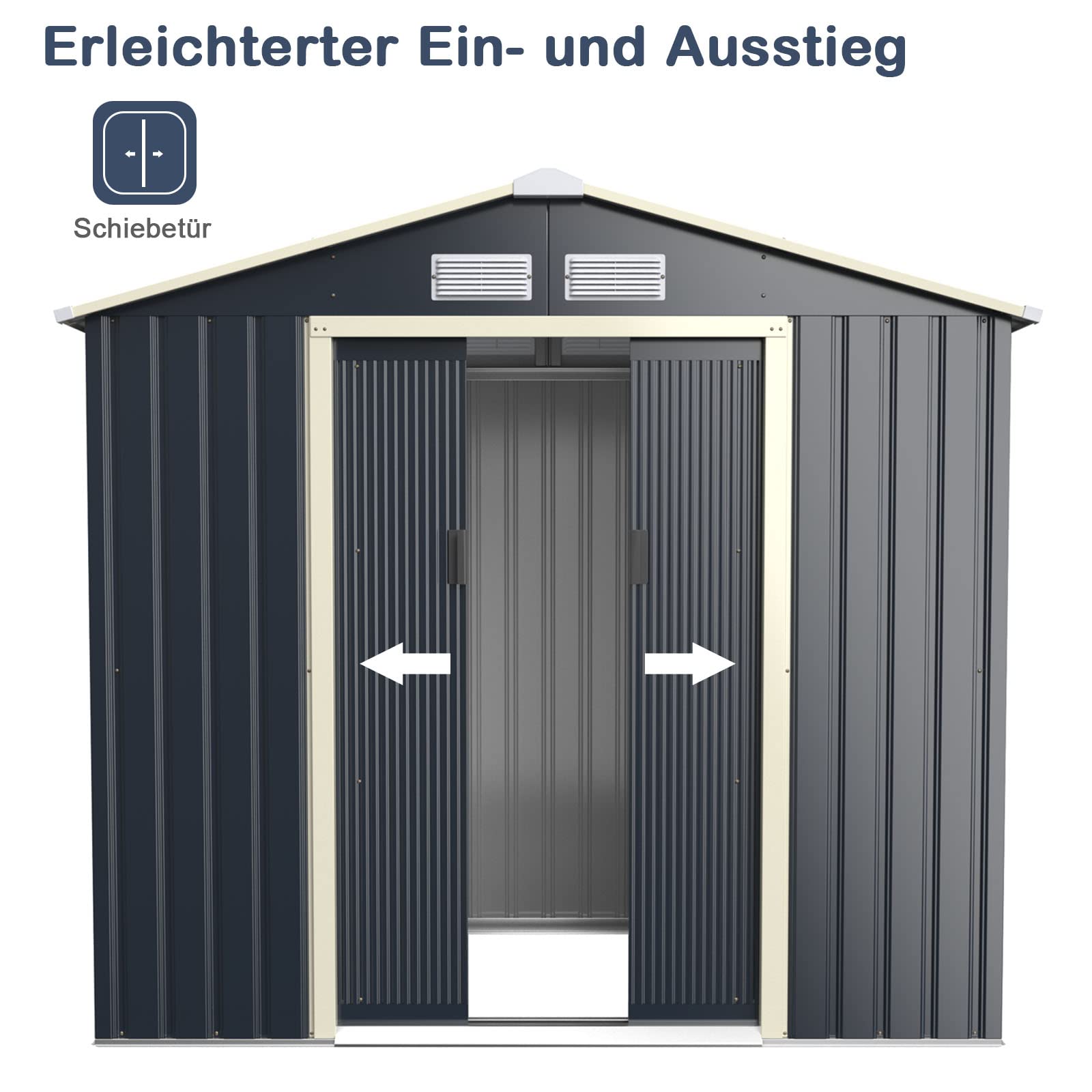 GOPLUS Metall Gerätehaus, 2,37 m²/4,63 m³ Gerätehaus, Geräteschuppen mit Schiebetür, Satteldach, Lüftungsfenster, verzinktes wetterfestes Gartenhaus für Garten Terrasse Balkon (213 x 127 x 195cm)