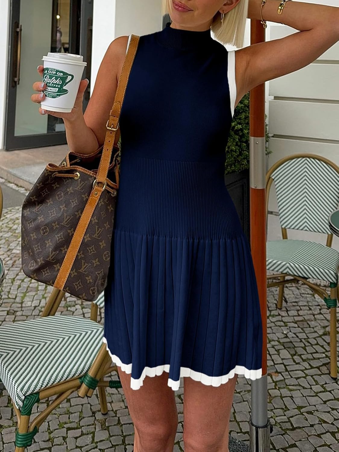 Wenrine Womens Sleeveless Summer Mini Dress Mock Neck Ribbed Knit Ruffle Pleated Casual Tank Dress