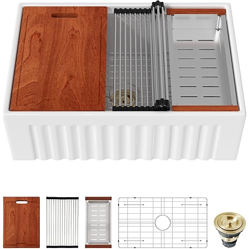 30 White Farmhouse Kitchen Sink - Kichae 30X20 Inch Ledge Workstation Reversible Apron Front Fireclay Ceramic Porcelain Farm Sinks Single Bowl Farmer Sink with Cutting Board