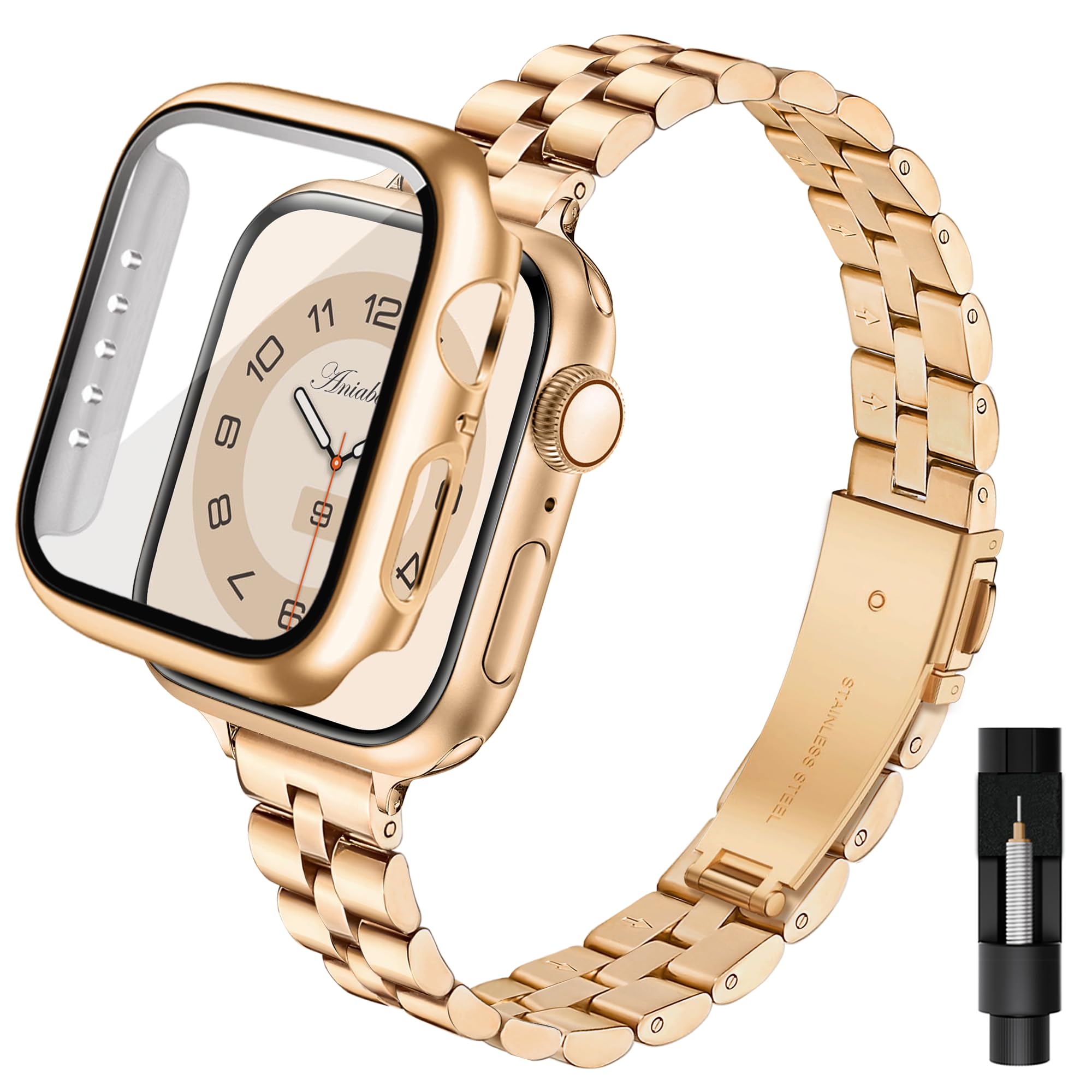 Aniaboho Kompatibel mit Apple Watch 11/10 Armband 42mm mit Schutzhülle, Ersatz Edelstahl Metall iWatch Armband Damen mit Hülle für Apple Watch Series 11/10 42mm, Schmuck für Fraue (RoséGold)