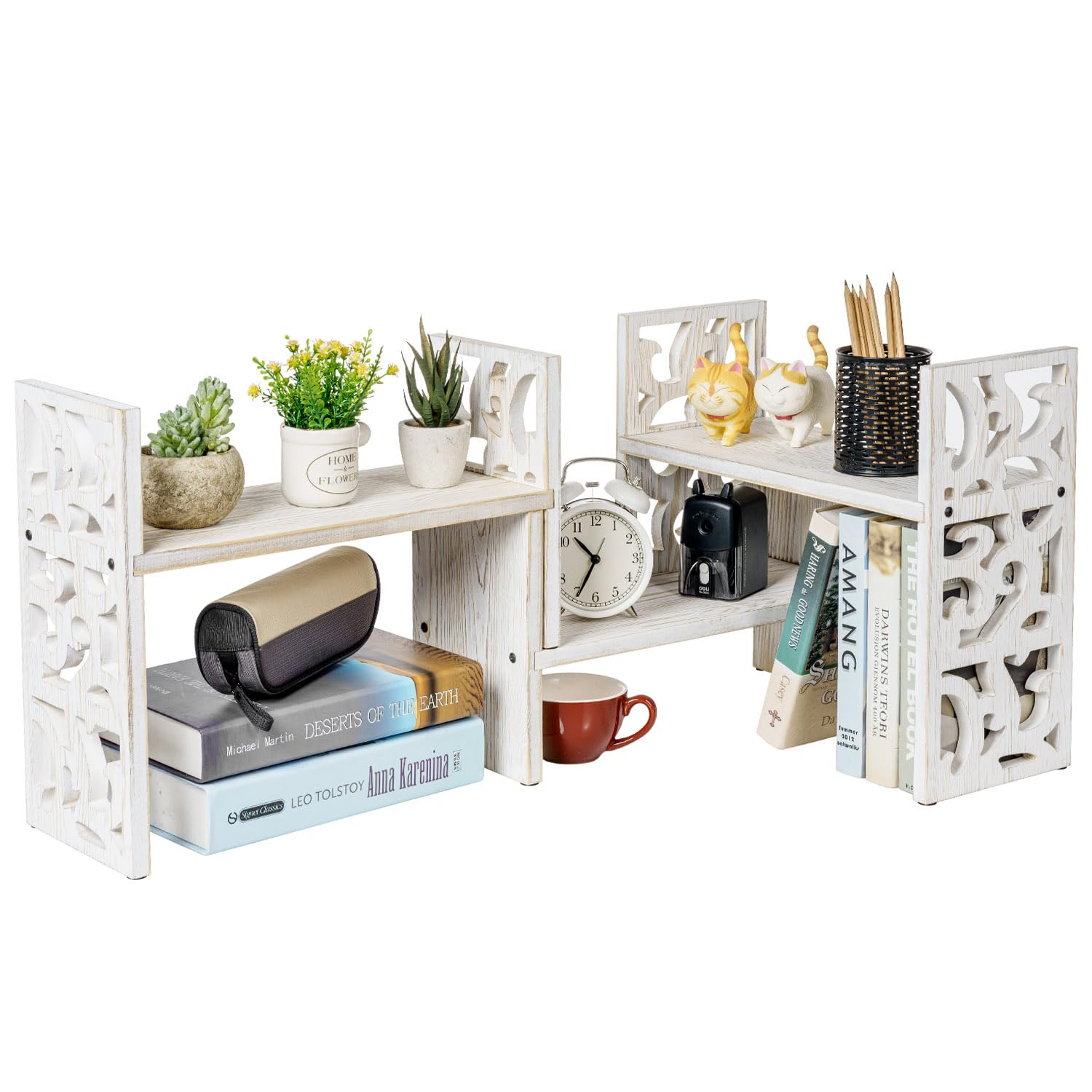 MyGift Vintage Scrollwork Cutout White Washed Solid Wood Adjustable Desktop Shelf, Wooden Home Office Desk Storage Organizer Shelving Rack, 3 Piece Set