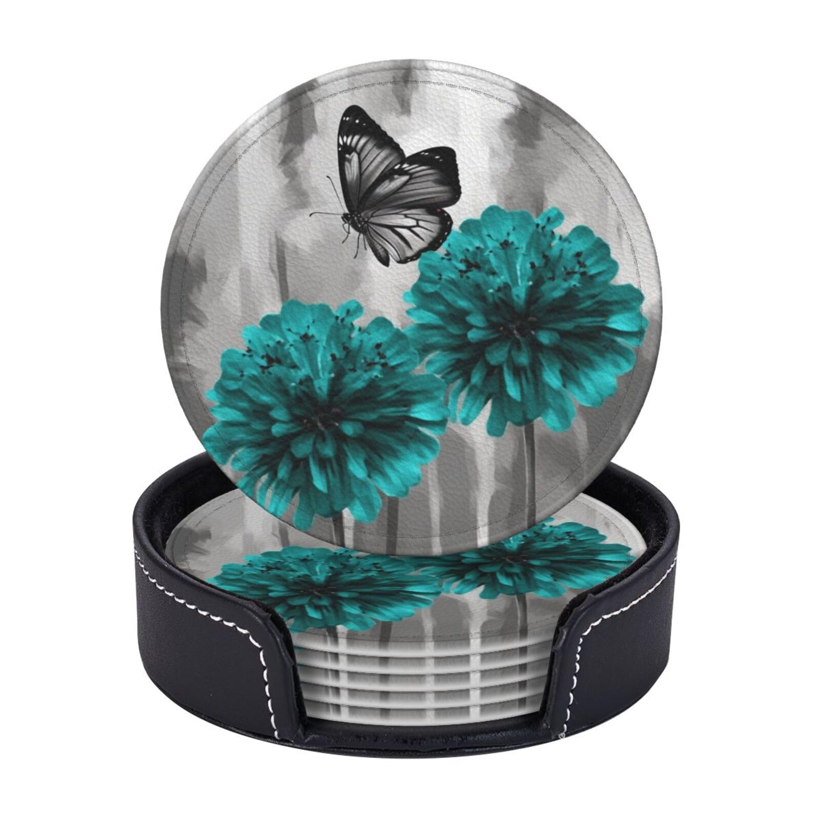 Round Coasters for Drinks Set of 6 - PU Leather Coasters with Holder - Modern Drink Coasters for Coffee Table - Gray Teal Flower Butterfly Coaster for Tabletop Protection 4" Cup Mat Pad