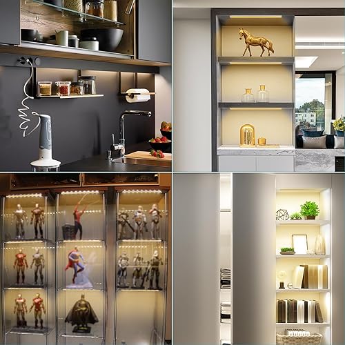 Vista 10 de JUSJUBR Paquete de 4 luces de estante de exhibición de color blanco frío, iluminación debajo del estante con función de memoria, iluminación