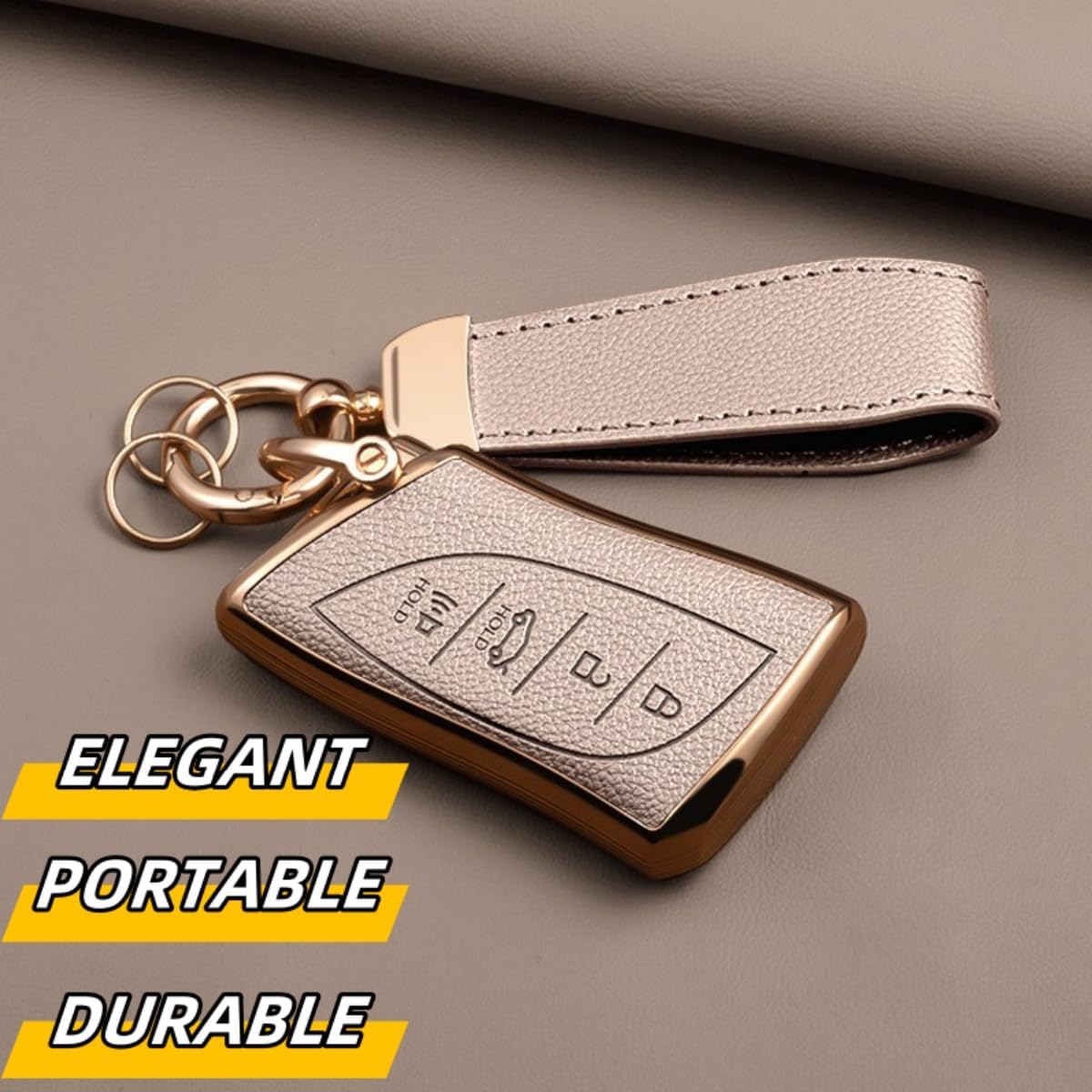 Key Fob Cover for Lexus with Key Chain, Upper Leather + Soft TPU Key Cover Case Shell for ES350 ES300h UX200 RX350 RX450h NX300h GX460 TX550 LX600 LS500 LC500h, 4 Buttons (Rose Gold)