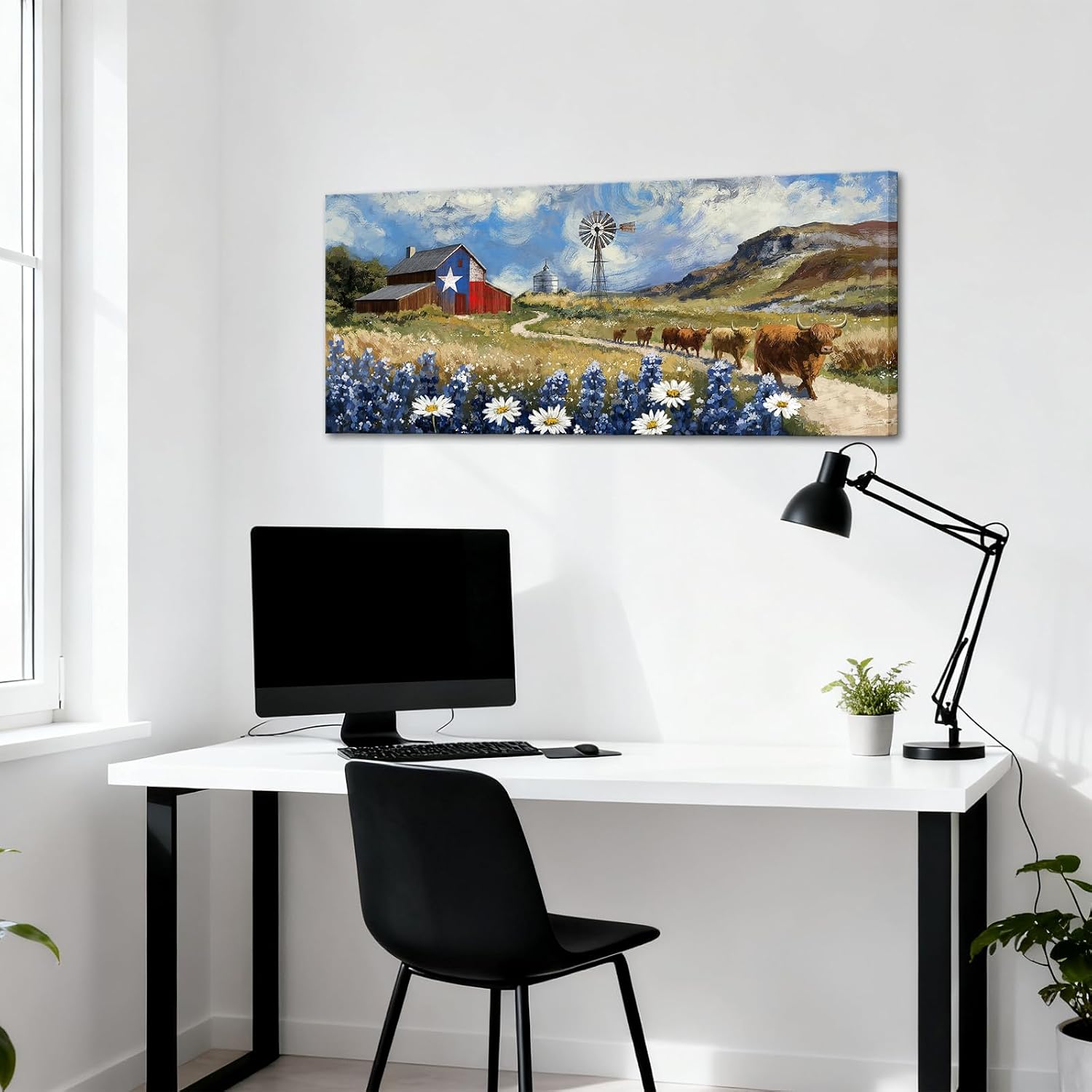 OuElegent Texas Ranch Landscape Wall Art Rustic Farmhouse Painting with Longhorn Cattle, Windmill and Barn Pictures Western Country Wall Decor framed 20''x48'' (colorful)