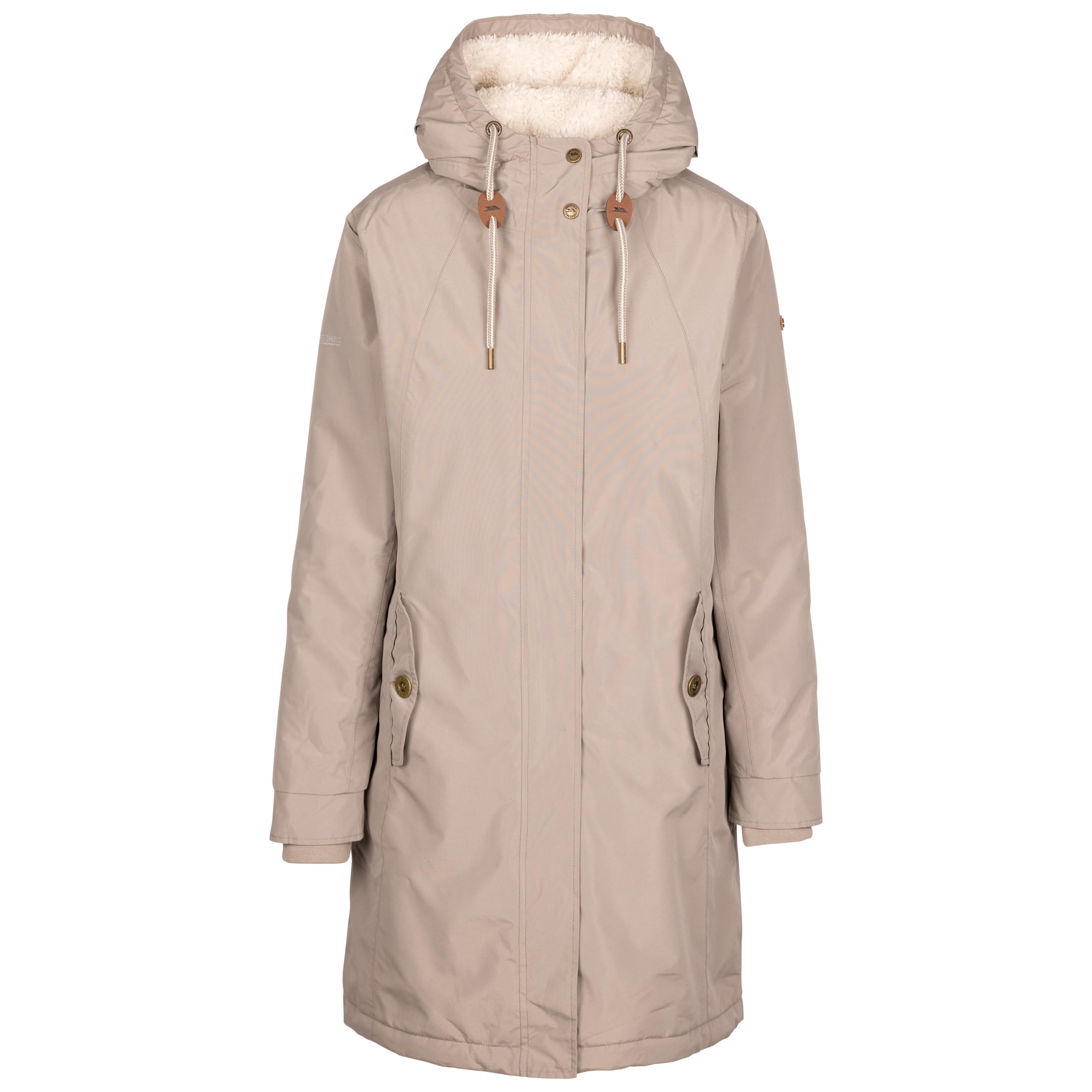 Trespass Women's Vintage Khaki Waterproof Jacket With Sherpa Fleece And Grown On Hood Reminder