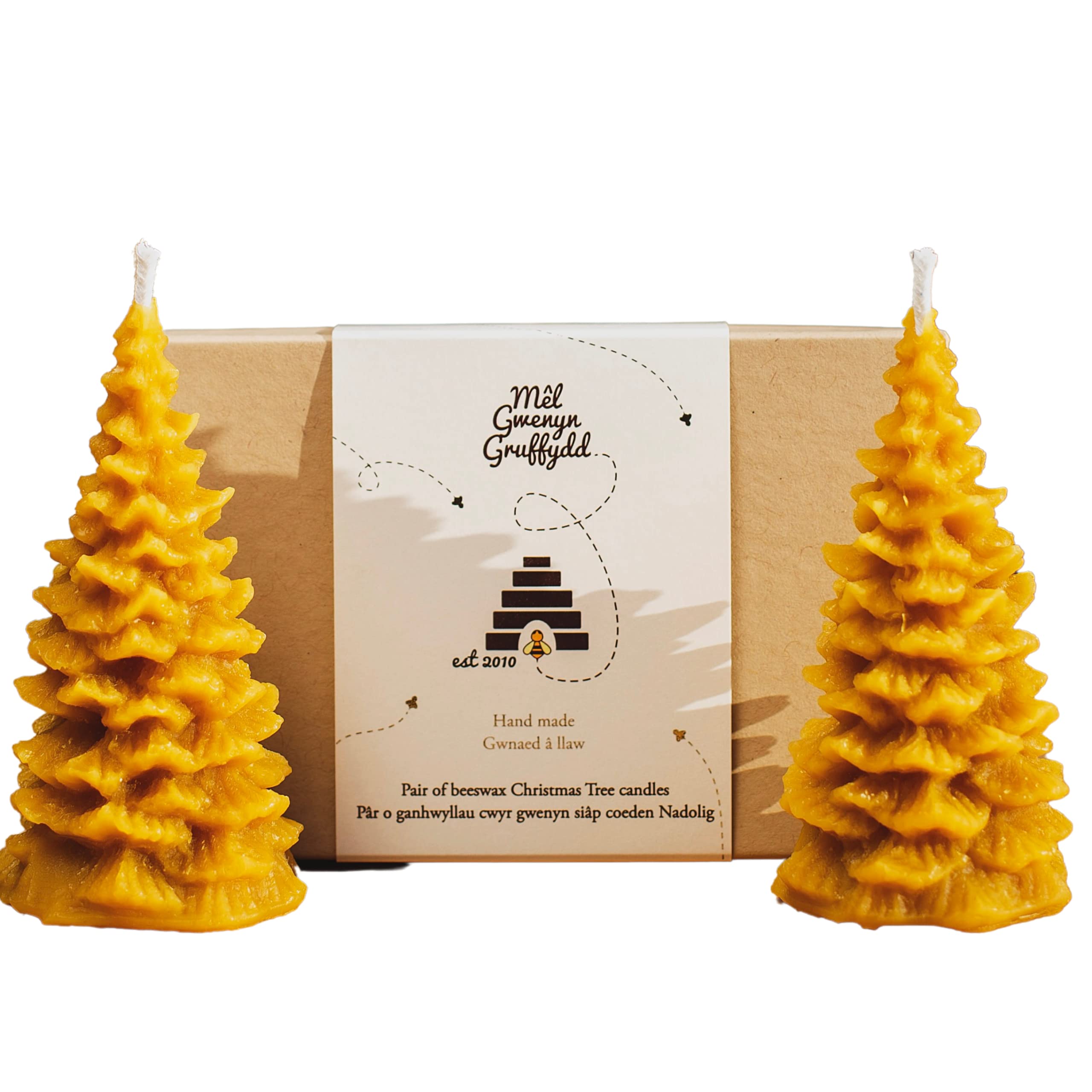 Mêl Gwenyn Gruffydd Est 2010 Natural Pair Of British 100% Beeswax Christmas Tree Candles Gift Set Pure & Sustainable 10Cm