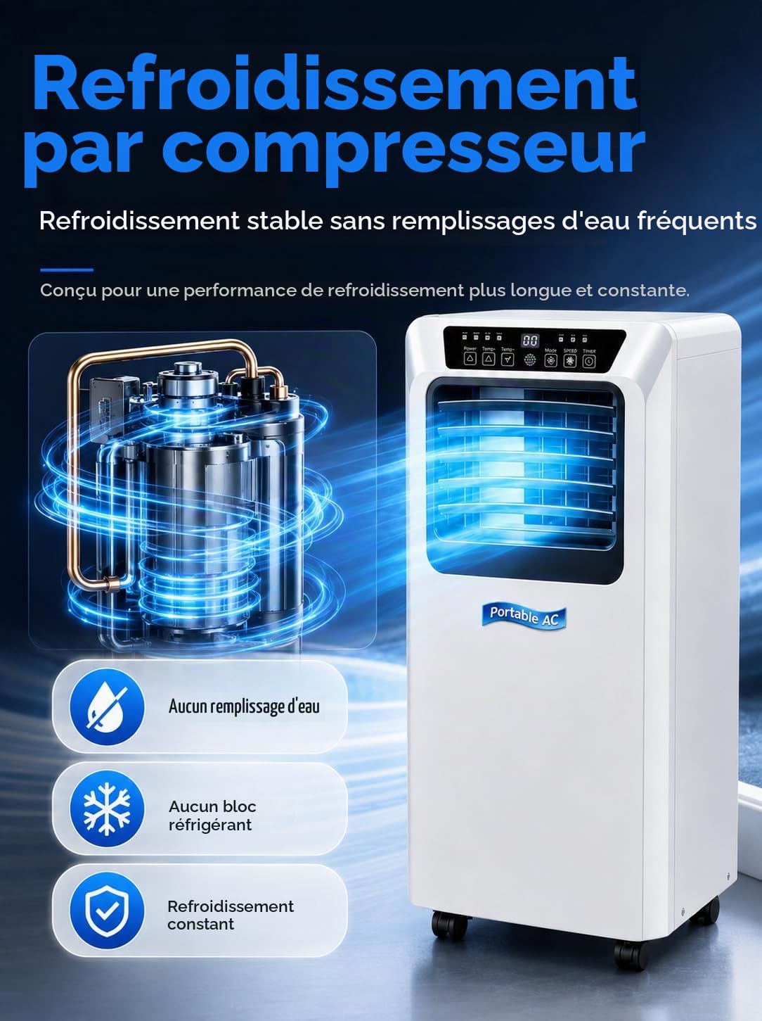Climatiseur Mobile Monobloc 3 en 1 avec Tuyau d’Évacuation (9000BTU)
