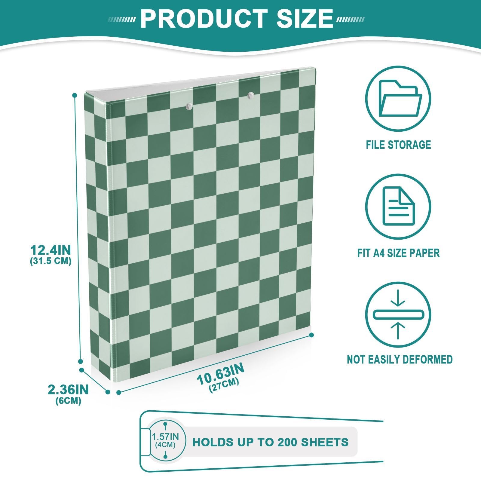 Kcldeci Raccoglitore a 3 anelli, copertina rigida, scacchiera verde, anelli rotondi da 3,8 cm, con tasche interne, per scuola, ufficio, ricette, raccoglitori, confezione da 2